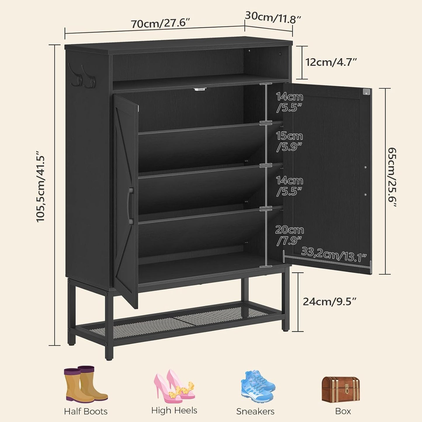 Shoe Storage Cabinet, Farmhouse Shoe Cabinet for Entryway, 6-Tier Shoe Organizer with Doors and Shelves, Narrow Hidden Freestanding Shoe Rack Cabinet for Entrance, Black SHBK9501