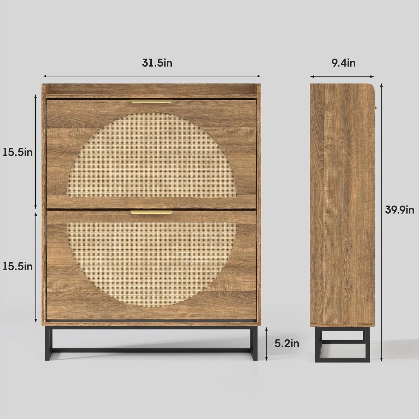 Maupvit Rattan Shoe Storage Cabinet with 2 Flip Drawers, Freestanding Shoe Organizer with Metal Legs for Entryway, Hidden Golden Handles, Narrow Shoe Rack Cabinet, Rustic Oak Rattan