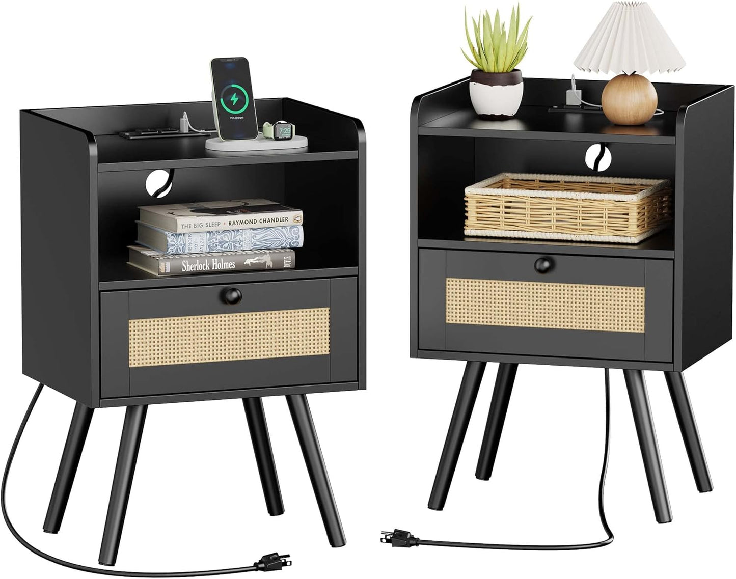 SUPERJARE Nightstands Set of 2, Night Stands with Charging Station & PE Rattan Decor Drawer, Bed Side Tables with Solid Wood Feet, End Table, for Bedroom, Living Room - Natural