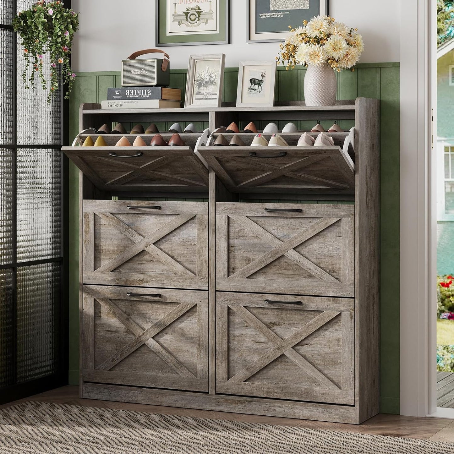 Maupvit Shoe Storage Cabinet with 2 Flip Drawers, Freestanding Organizer with Metal Legs for Entryway, Narrow Shoe Rack Cabinet, Dark Walnut
