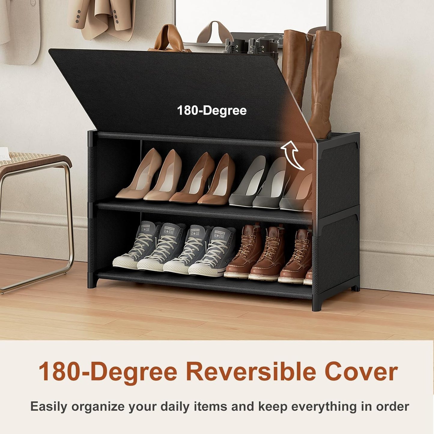 Shoe Rack, 3 Tier Shoe Storage Cabinet with Door 12 Pair Plastic Shoe Shelves Organizer for Closet, Entryway, Hallway, Bedroom, Black