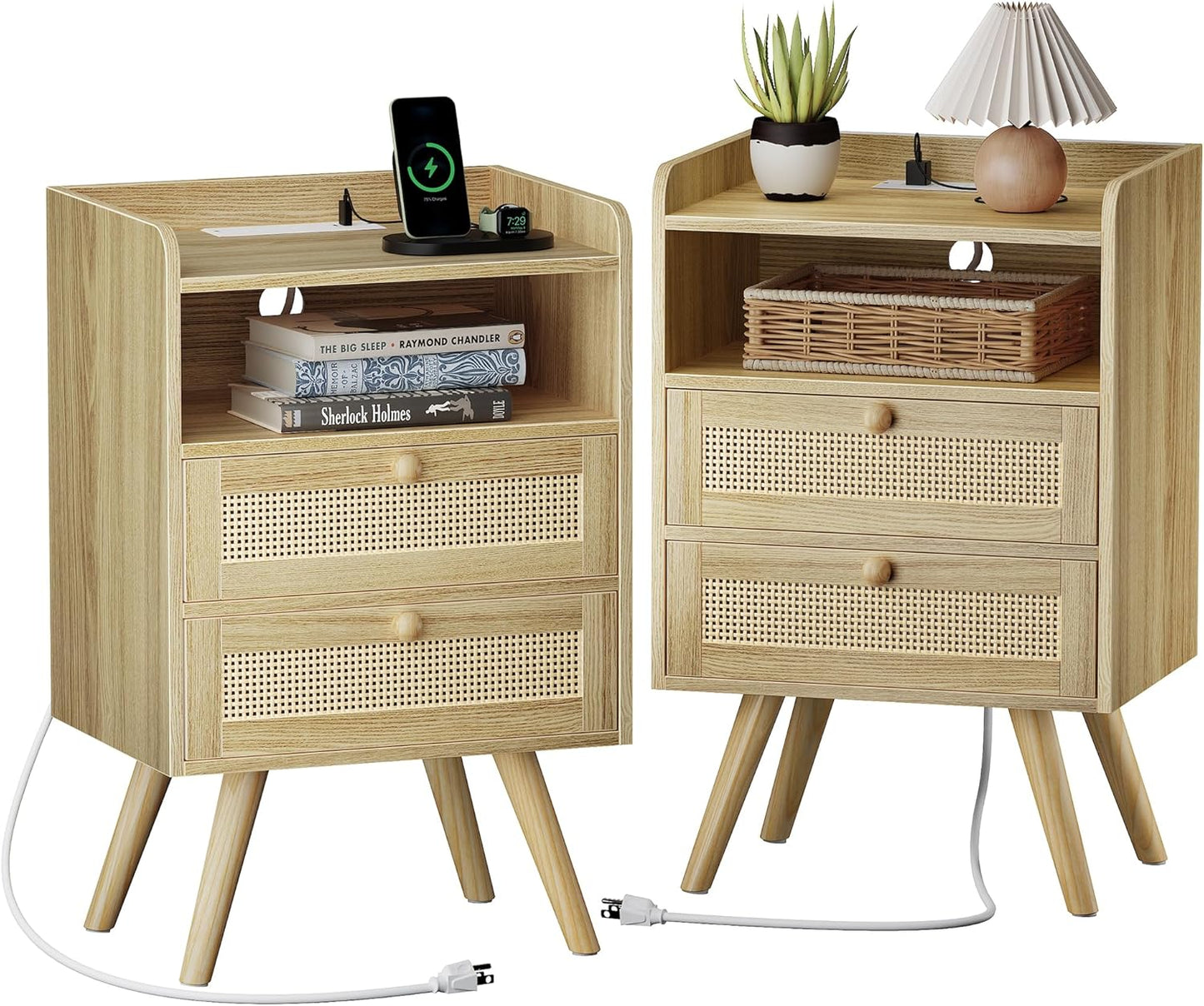 SUPERJARE Nightstands Set of 2, Night Stands with Charging Station & PE Rattan Decor Drawer, Bed Side Tables with Solid Wood Feet, End Table, for Bedroom, Living Room - Natural