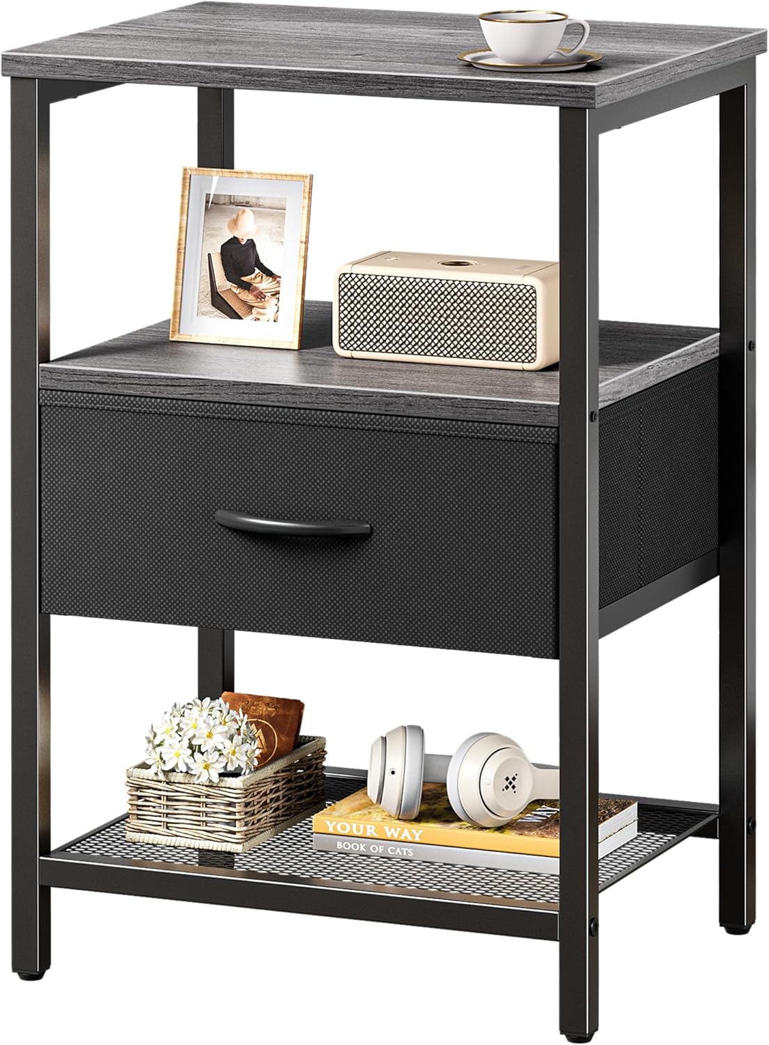 Huuger Nightstand Set of 2, Night Stand with Fabric Drawer, Mesh Shelf, Side Table with Storage, Fabric Drawer Dresser, Open Shelf, Metal Frame, Bedroom, Rustic Brown