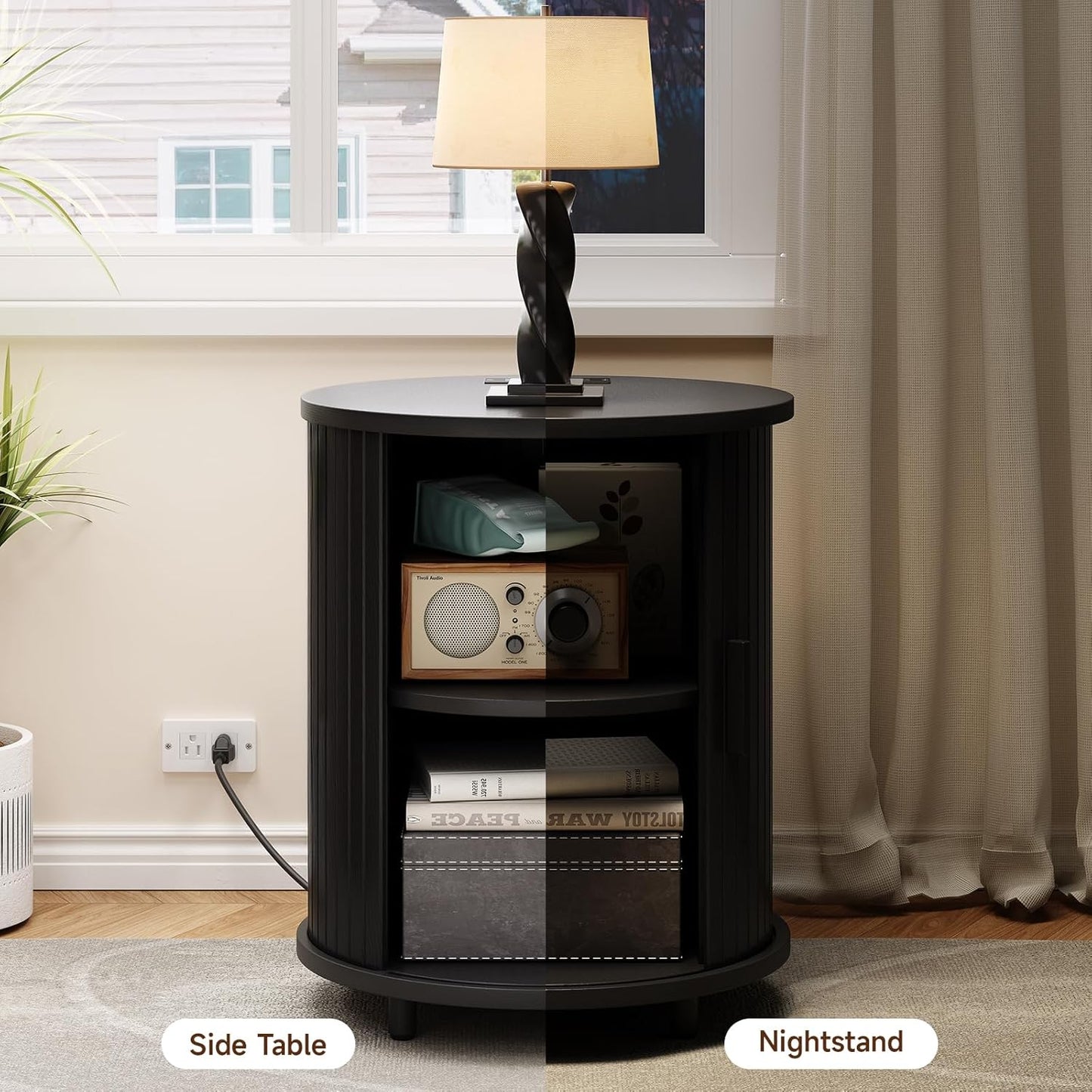 Round End Table with Charging Station, Mid Century Bedside Table with Sliding Door & 2 Tier Storage, Modern Nightstand for Living Room, Bedroom, Entryway, Black(1-Pack)