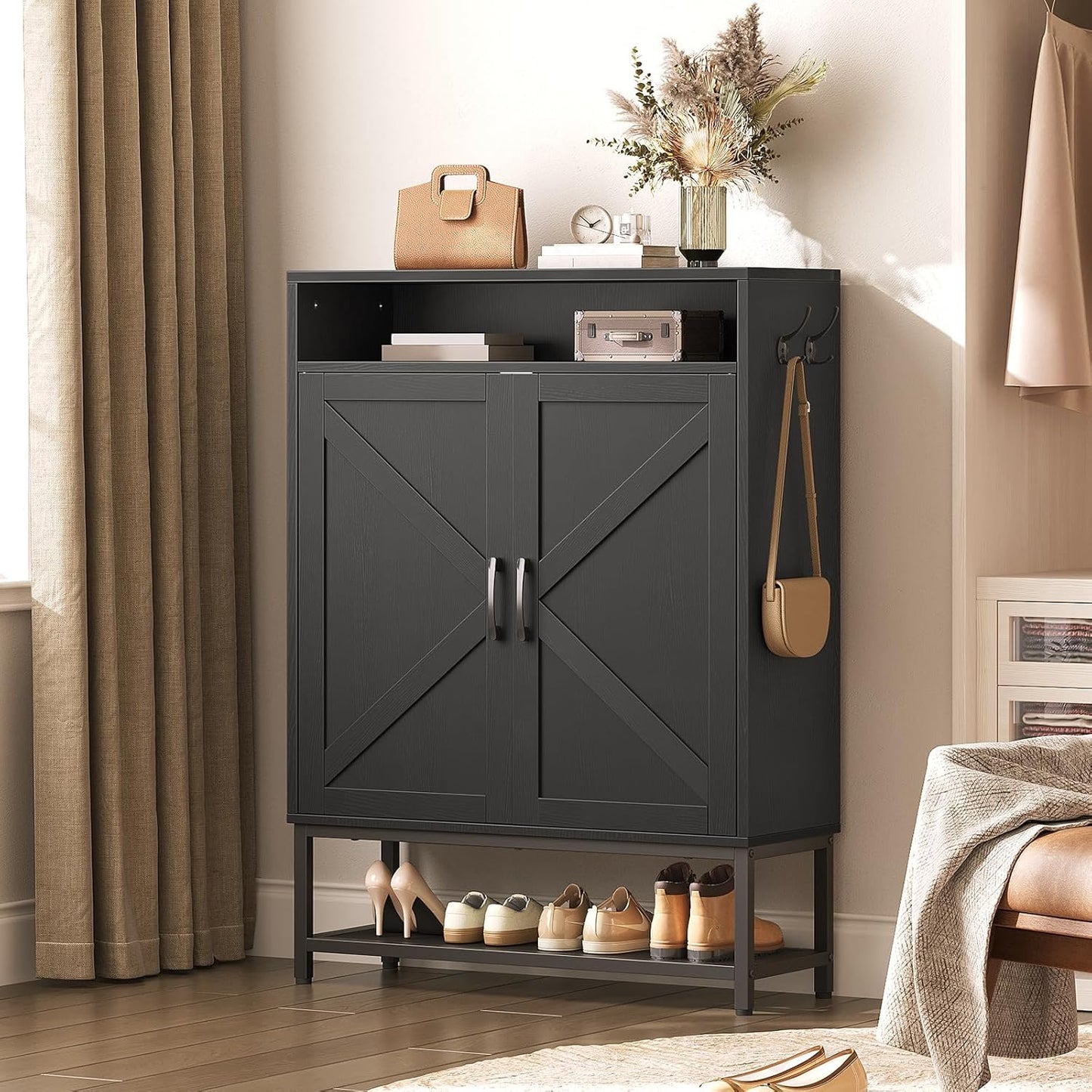 Shoe Storage Cabinet, Farmhouse Shoe Cabinet for Entryway, 6-Tier Shoe Organizer with Doors and Shelves, Narrow Hidden Freestanding Shoe Rack Cabinet for Entrance, Black SHBK9501