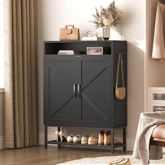 Shoe Storage Cabinet, Farmhouse Shoe Cabinet for Entryway, 6-Tier Shoe Organizer with Doors and Shelves, Narrow Hidden Freestanding Shoe Rack Cabinet for Entrance, Black SHBK9501