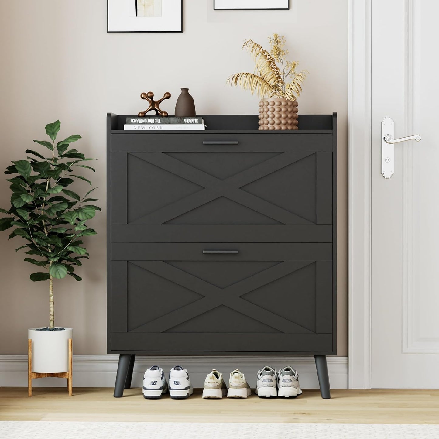 32" W Farmhouse Shoe Storage Cabinet with 2 Flip Drawers and Barn Door Design, Adjustable Shelves, Modern Hidden Slim Narrow Shoe Rack Cabinet for Entryway, Foyer, Hallway, Living Room, White
