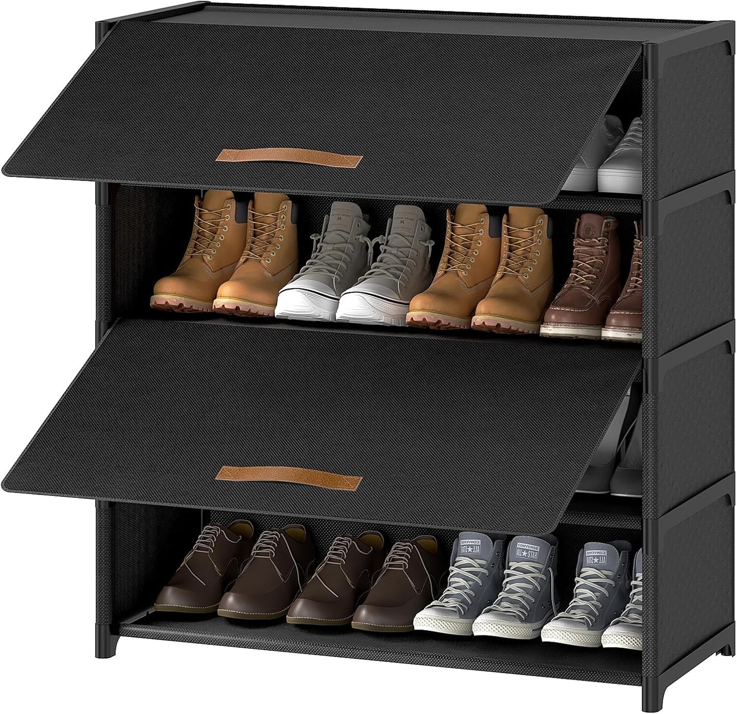 Shoe Rack, 3 Tier Shoe Storage Cabinet with Door 12 Pair Plastic Shoe Shelves Organizer for Closet, Entryway, Hallway, Bedroom, Black