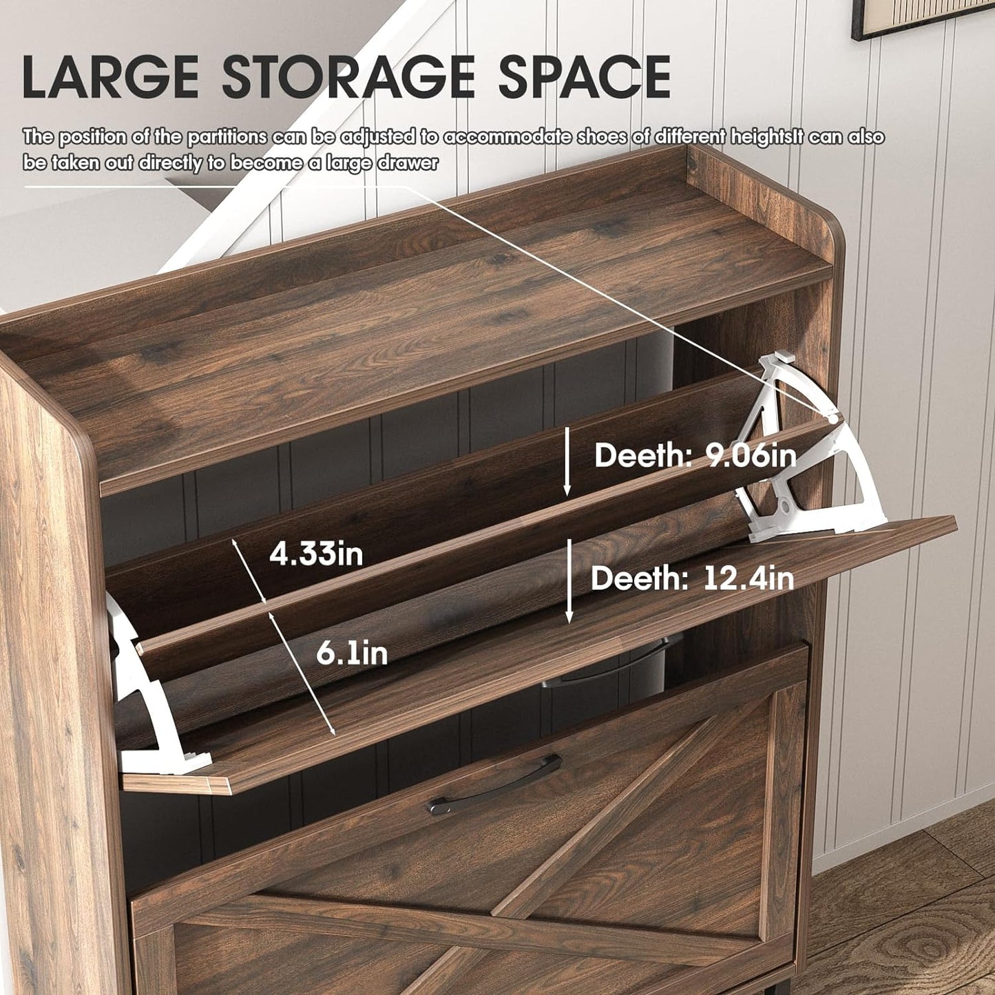 Maupvit Shoe Storage Cabinet with 2 Flip Drawers, Freestanding Organizer with Metal Legs for Entryway, Narrow Shoe Rack Cabinet, Dark Walnut