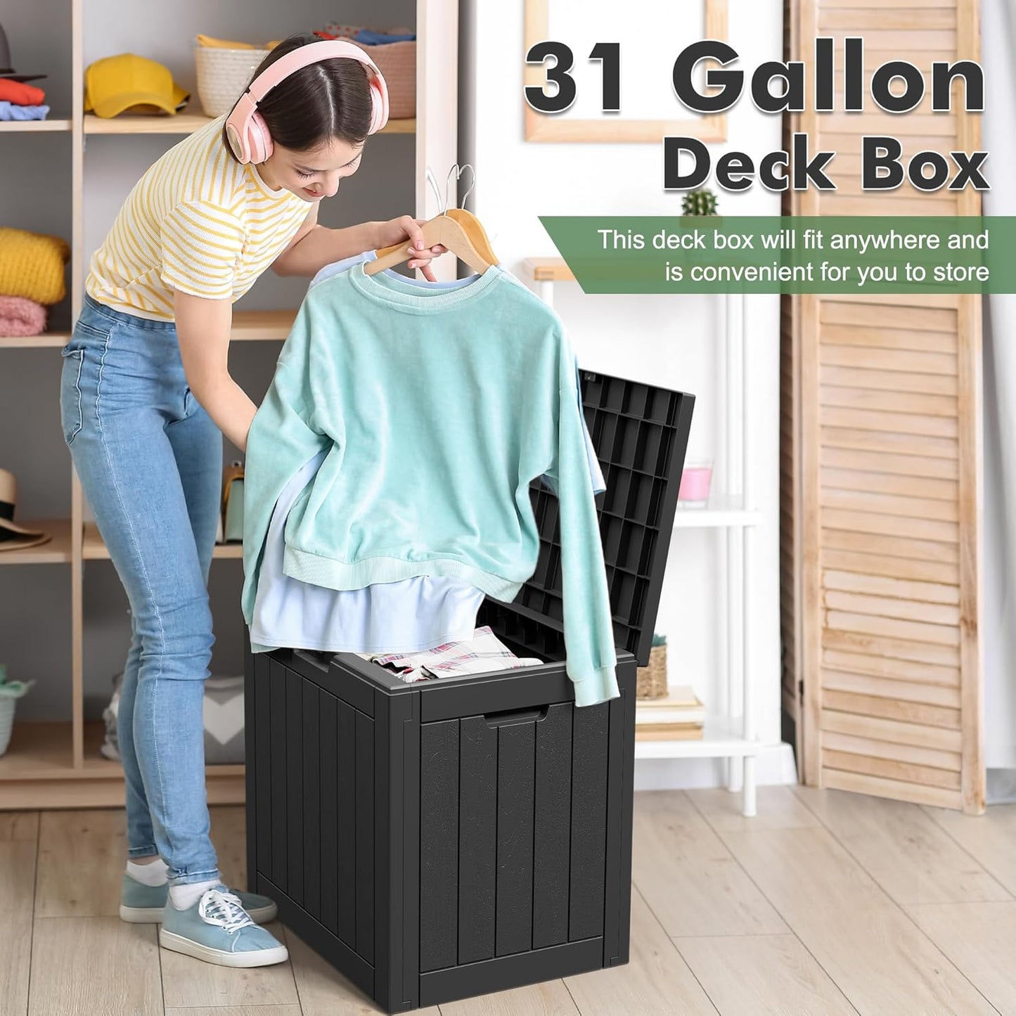 Outdoor Storage Box, Resin Deck Boxes Outdoor Waterproof For Patio Furniture, Garden Tools, Pool Supplies, Durable And UV Resistant, Lockable (31 Gallon, Black)