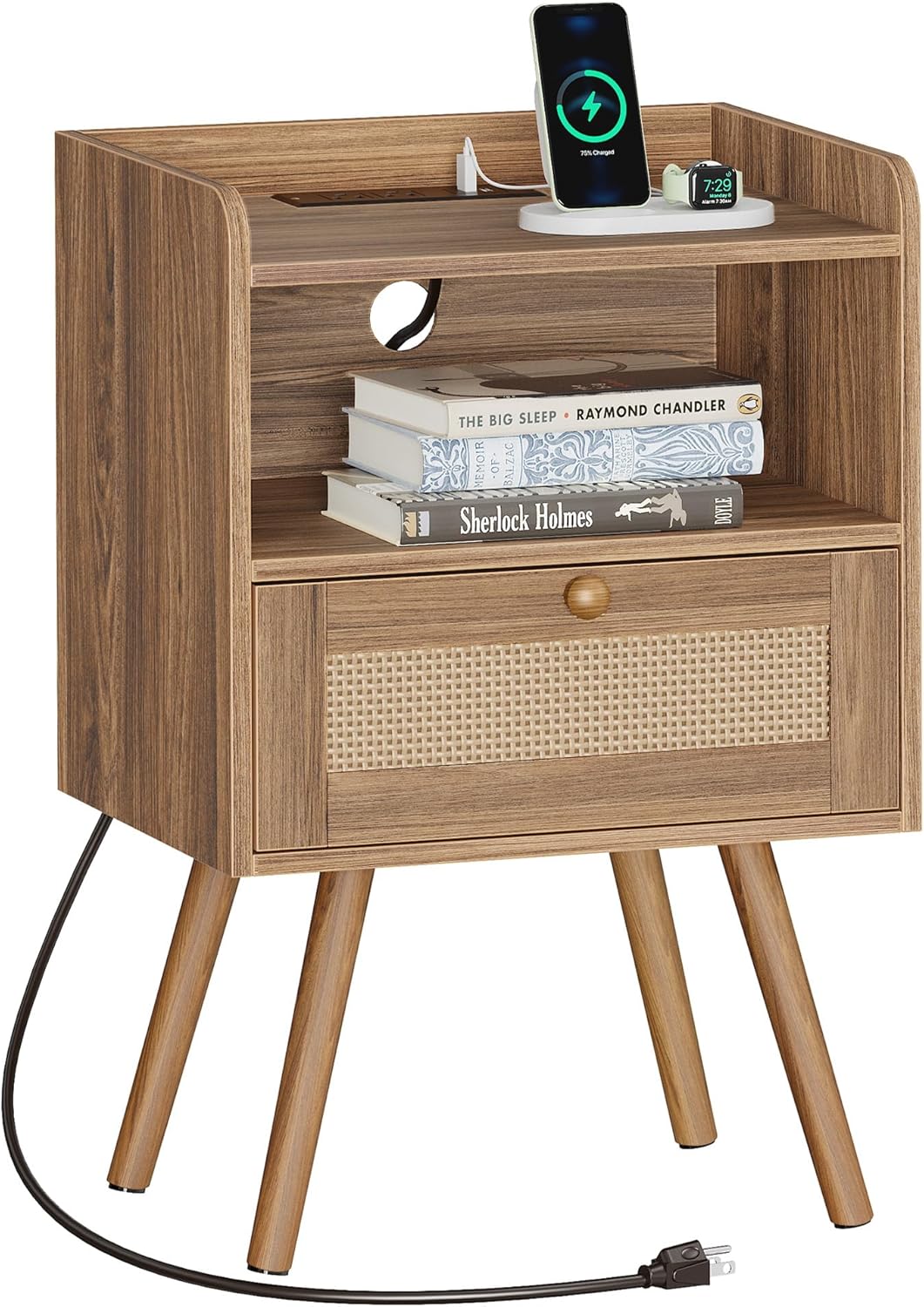 SUPERJARE Nightstands Set of 2, Night Stands with Charging Station & PE Rattan Decor Drawer, Bed Side Tables with Solid Wood Feet, End Table, for Bedroom, Living Room - Natural