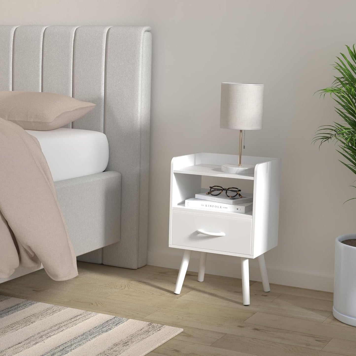 Yoobure Modern Nightstand with Drawer, Bedside Tables, Mid Century Nightstands with Open Storage Shelf, Wood Bedside Table, Small Night Stands for Bedrooms, 2-Tier Night Table