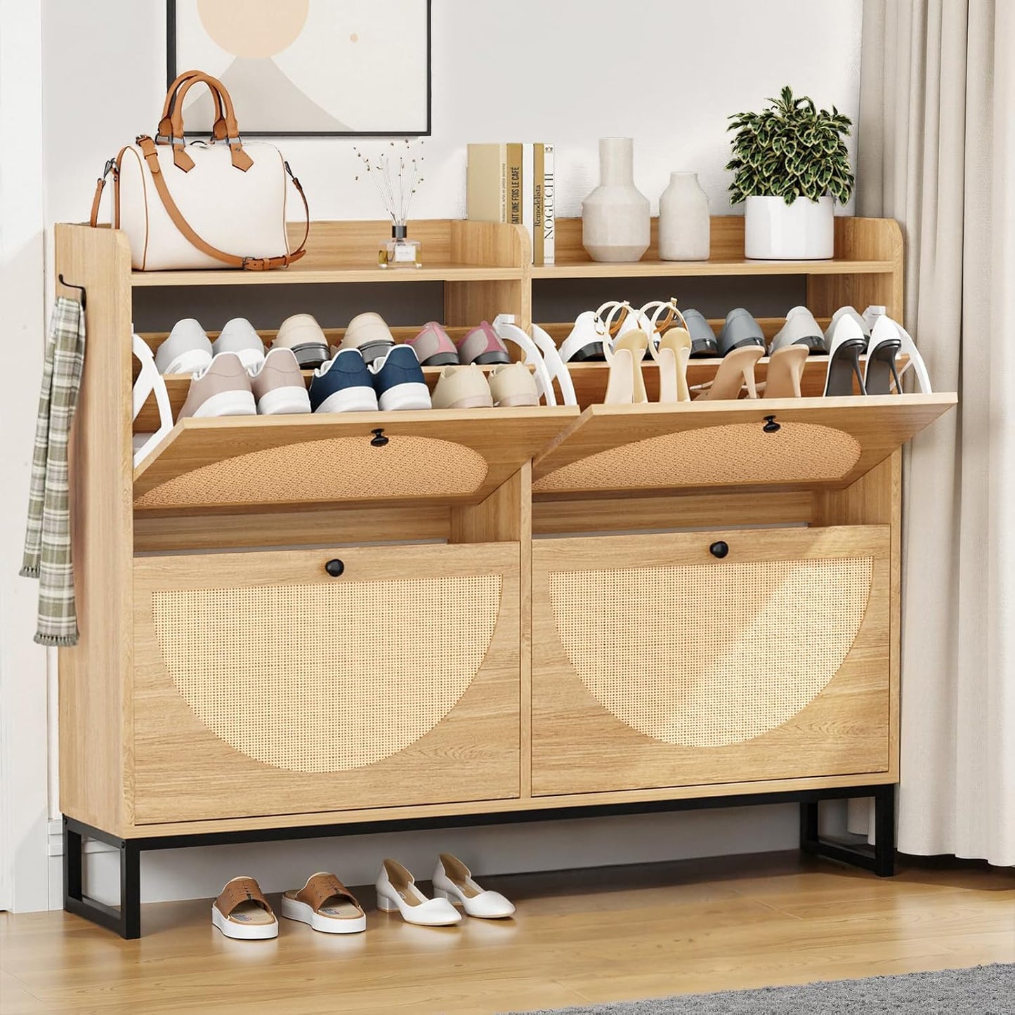 LUCKLIFE Shoe Storage Cabinet, Slim Rattan Shoe Cabinet Storage with Flip Drawers, Hidden Narrow Shoe Cabinet for Entryway Hallway（Black）