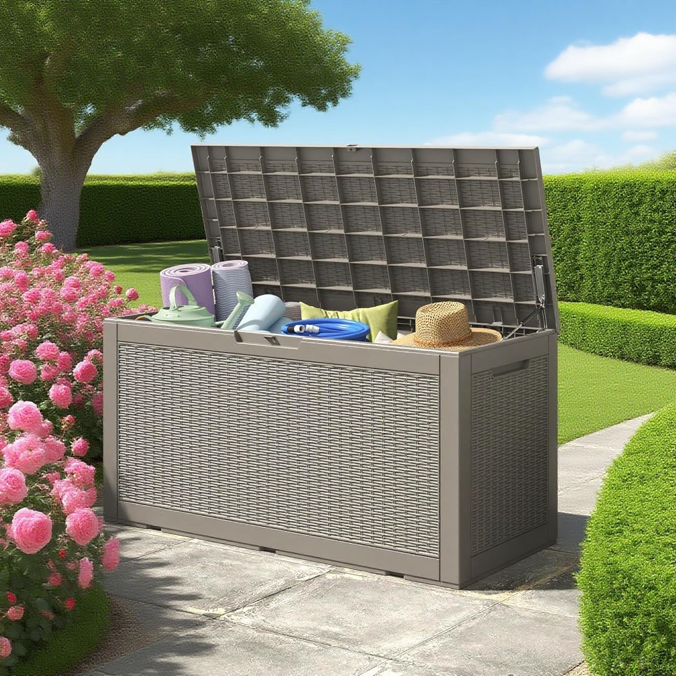Outdoor Storage Box, Resin Deck Boxes Outdoor Waterproof For Patio Furniture, Garden Tools, Pool Supplies, Durable And UV Resistant, Lockable (31 Gallon, Black)