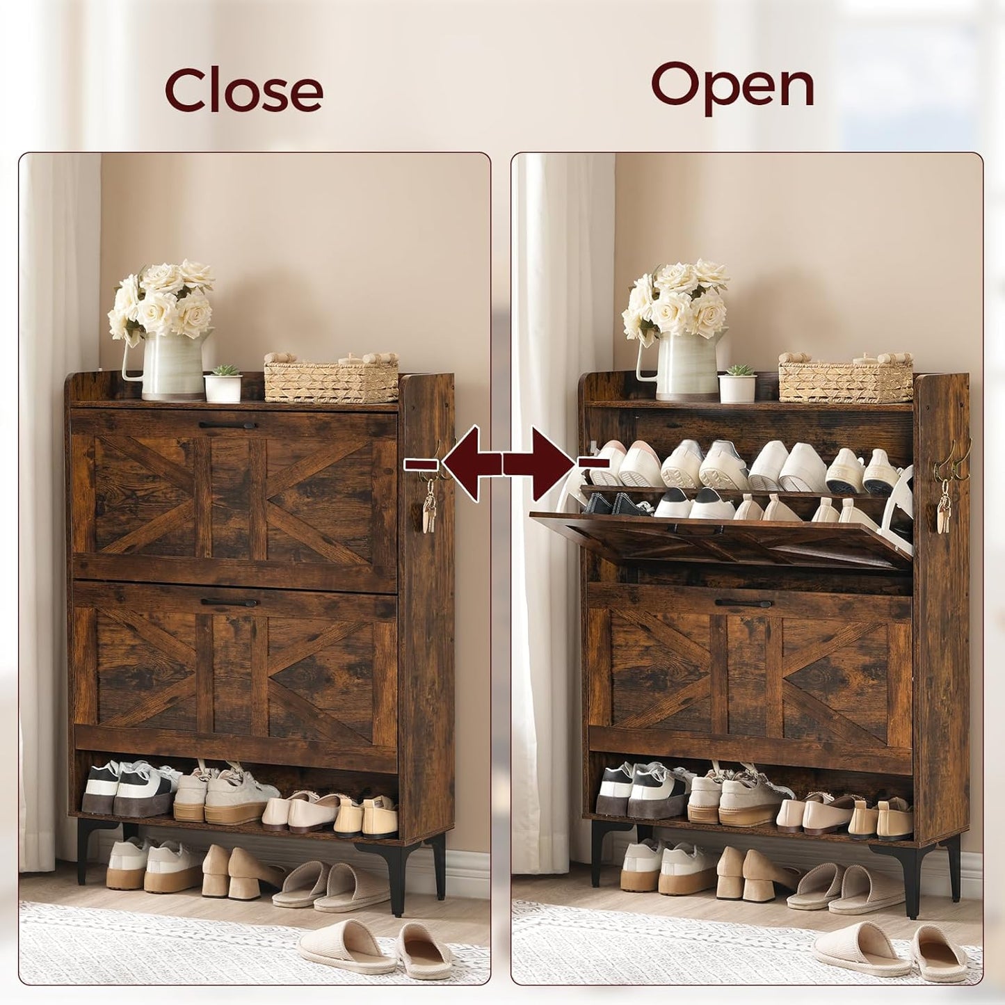 Shoe Storage Cabinet, Shoe Organizer with 2 Flip Drawers, Hidden Shoe Storage for Entryway, Freestanding Organizer with Open Storages, Rustic Brown SHHR9401N1