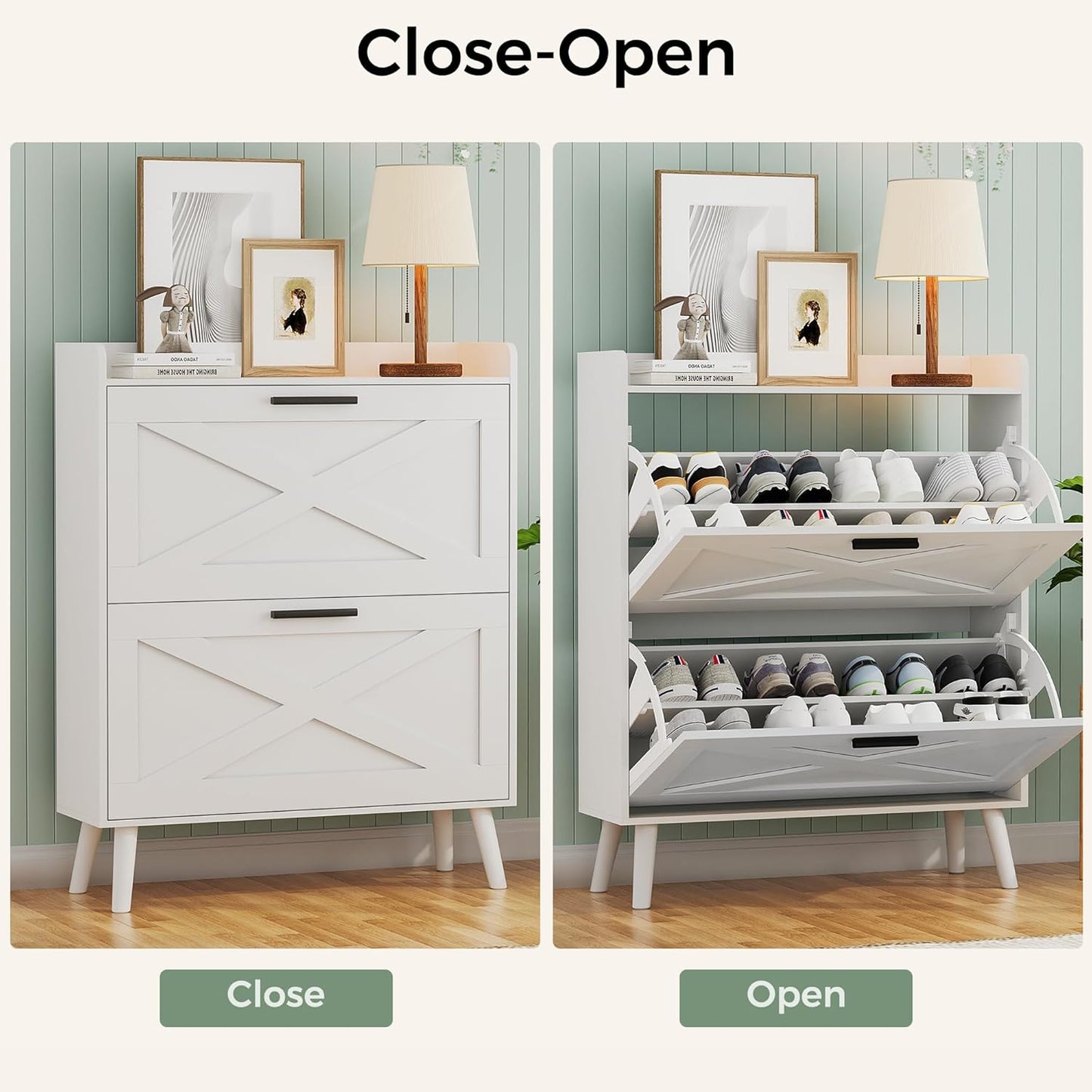 32" W Farmhouse Shoe Storage Cabinet with 2 Flip Drawers and Barn Door Design, Adjustable Shelves, Modern Hidden Slim Narrow Shoe Rack Cabinet for Entryway, Foyer, Hallway, Living Room, White