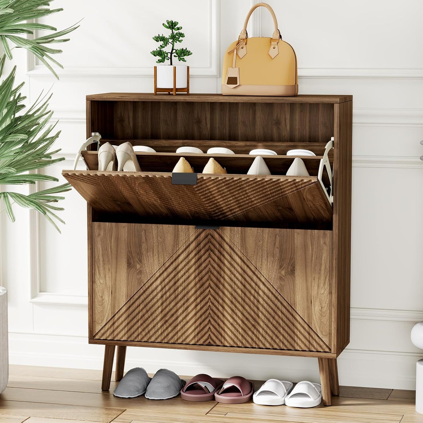 Shoe Cabinet with 2 Flip Drawers, 31.5" Walnut Narrow Hidden Shoe Storage Cabinet, Freestanding Shoe Rack Organizer with Wooden Legs, Farmhouse Slim Shoe Storage for Entryway, Foyer, Hallway