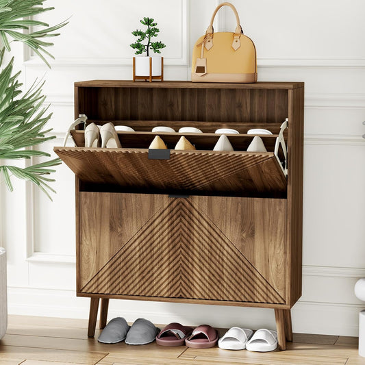 Shoe Cabinet with 2 Flip Drawers, 31.5" Walnut Narrow Hidden Shoe Storage Cabinet, Freestanding Shoe Rack Organizer with Wooden Legs, Farmhouse Slim Shoe Storage for Entryway, Foyer, Hallway