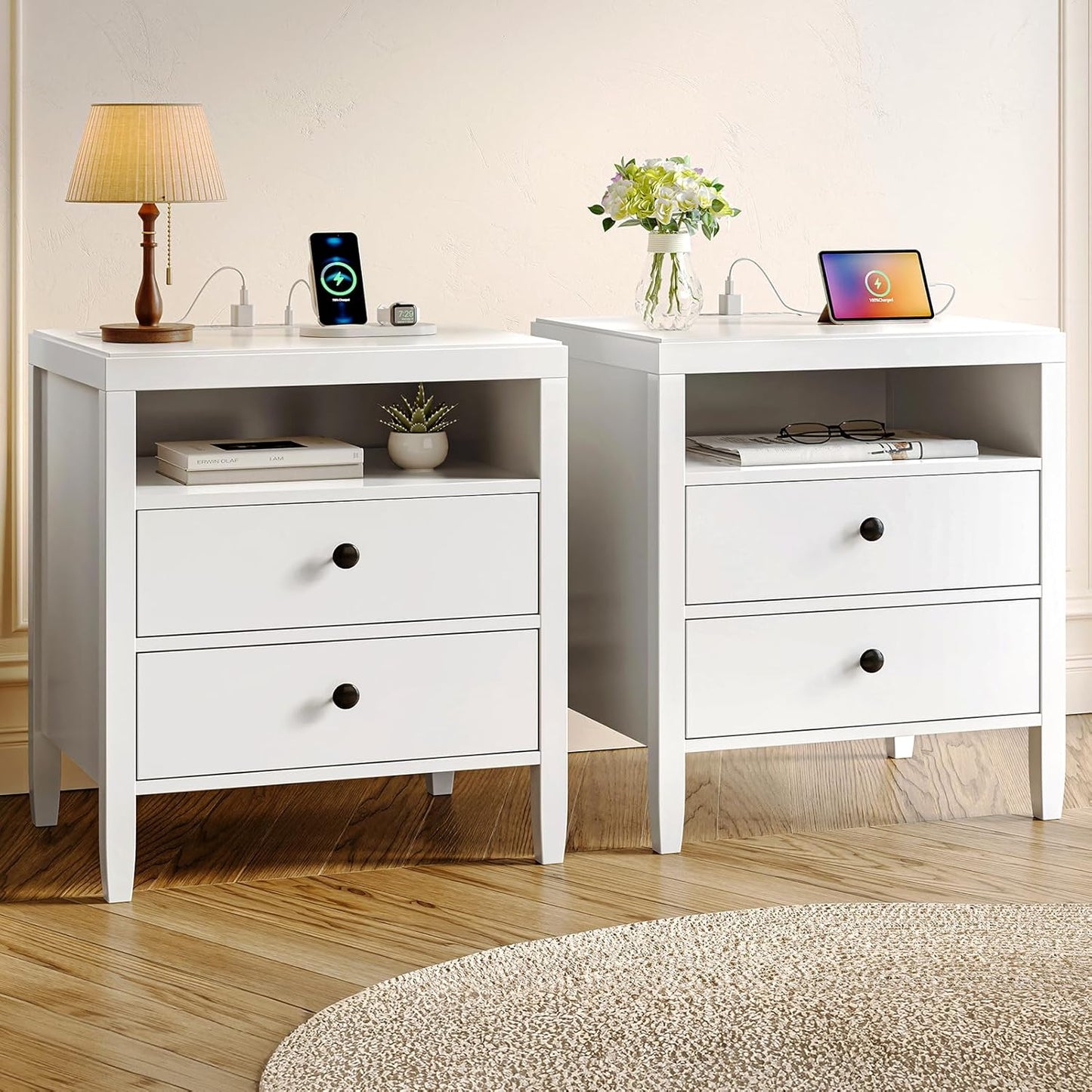 Huuger Black Nightstand Set of 2, Night Stand with Charger Station, Bedside Table with 2 Drawers, Bed Side Tables for Bedroom, Modern Nightstands, Metal Knobs, Painted Surface