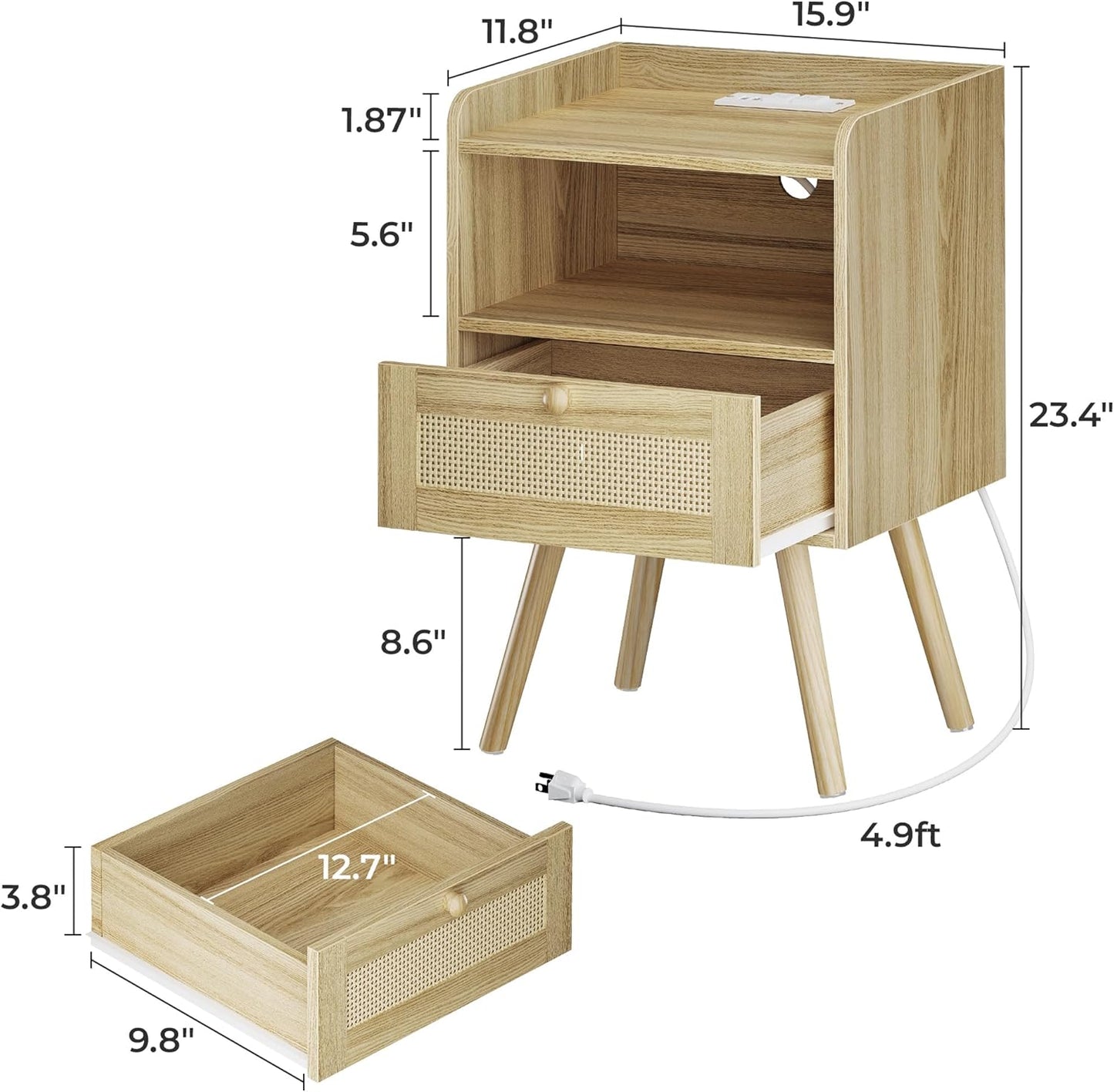 SUPERJARE Nightstands Set of 2, Night Stands with Charging Station & PE Rattan Decor Drawer, Bed Side Tables with Solid Wood Feet, End Table, for Bedroom, Living Room - Natural