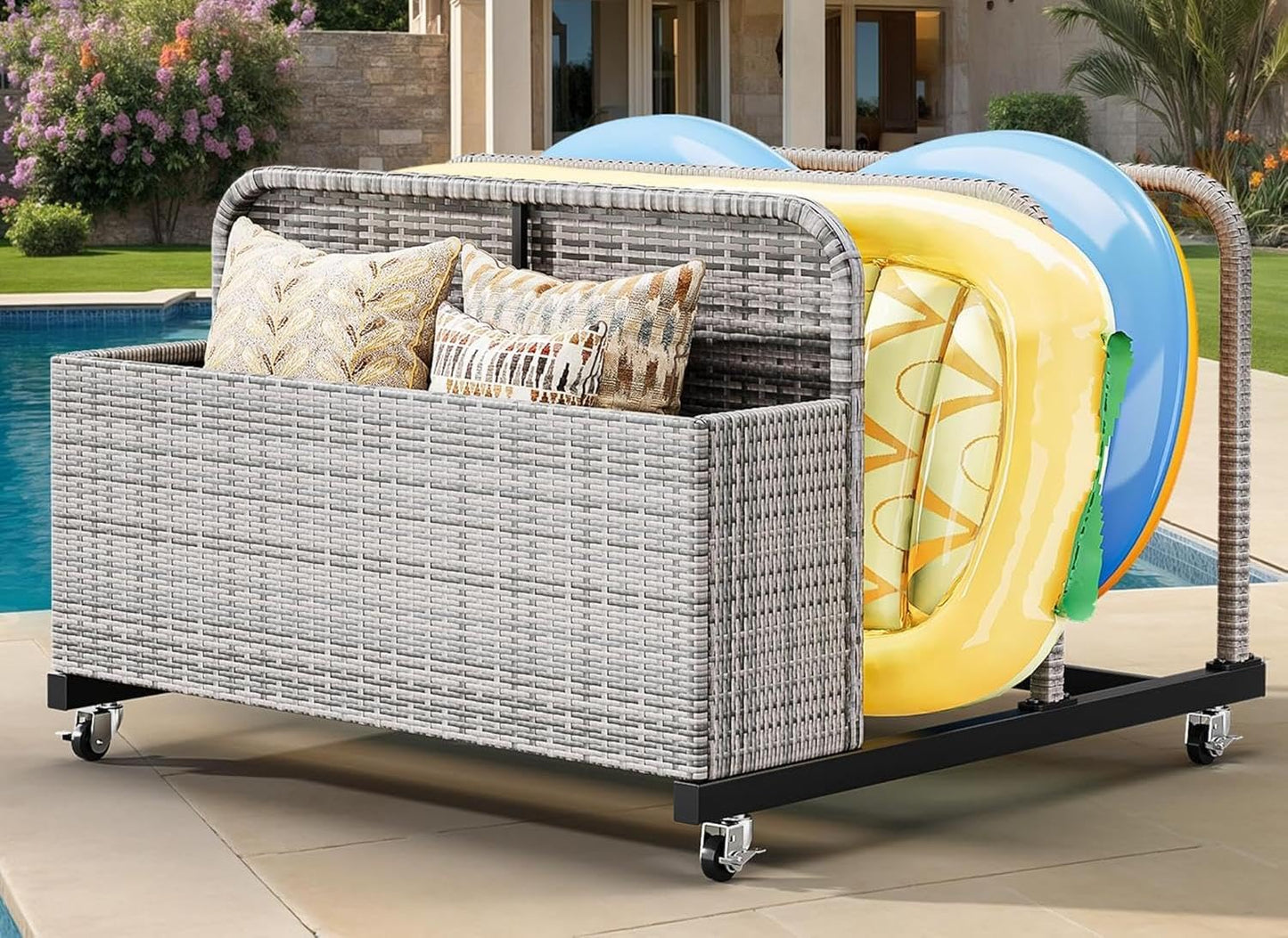 GOOBED Pool Storage, Wicker Pool Float Holder with Lockable wheels,Pool Organizer for cushions, Floaties, Noodles, Life Vests, Beach Balls, Patio Furniture (Black)