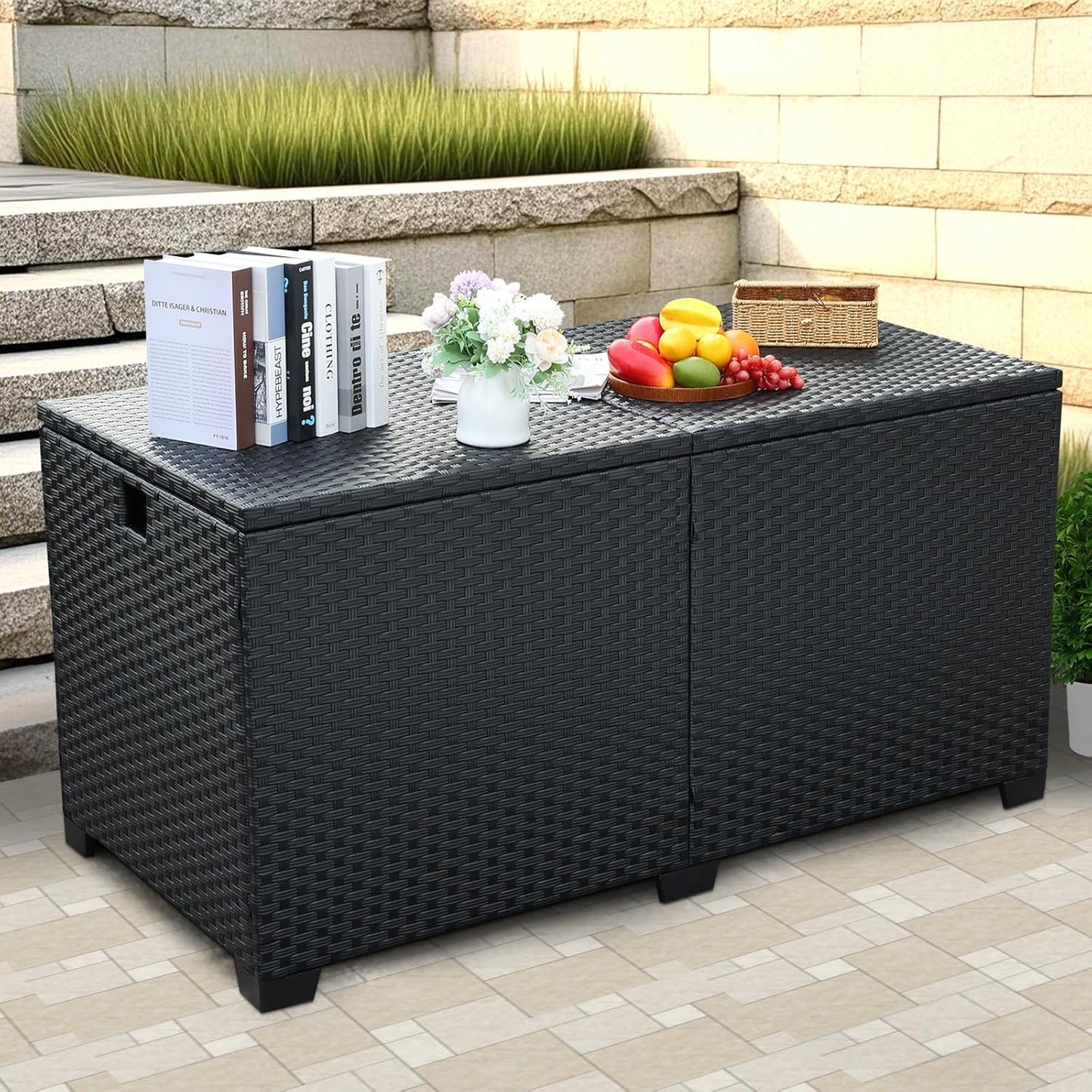 180 Gallon Deck Storage Box Outdoor Storage Box Large Pool Storage Bin with Waterproof Lining Bag Cushion Storage Bin Outdoor, Black