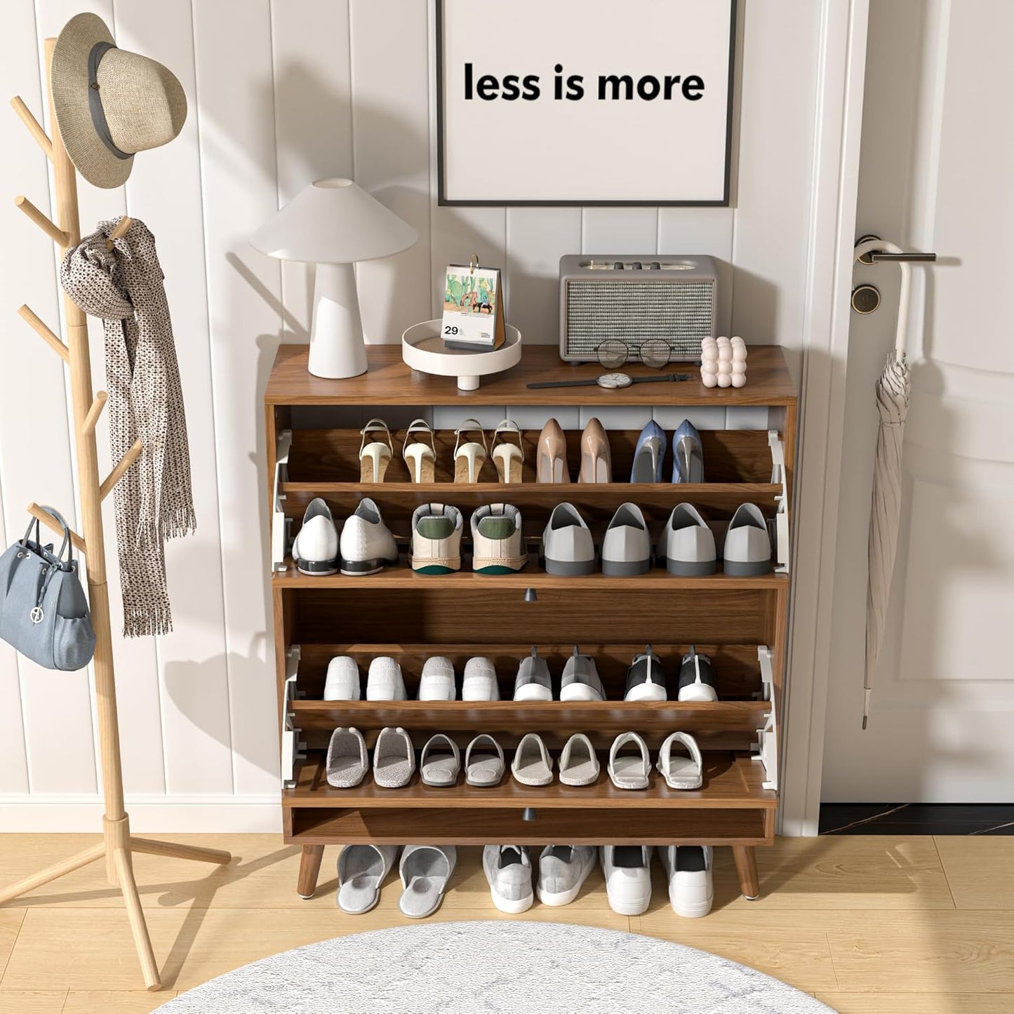Shoe Storage Cabinet for Entryway with 2 Flip Drawers, Narrow Wood Shoe Cabinet with Fluted Panel, Freestanding Hidden Shoe Organizer for Foyer, Hallway (Walnut)