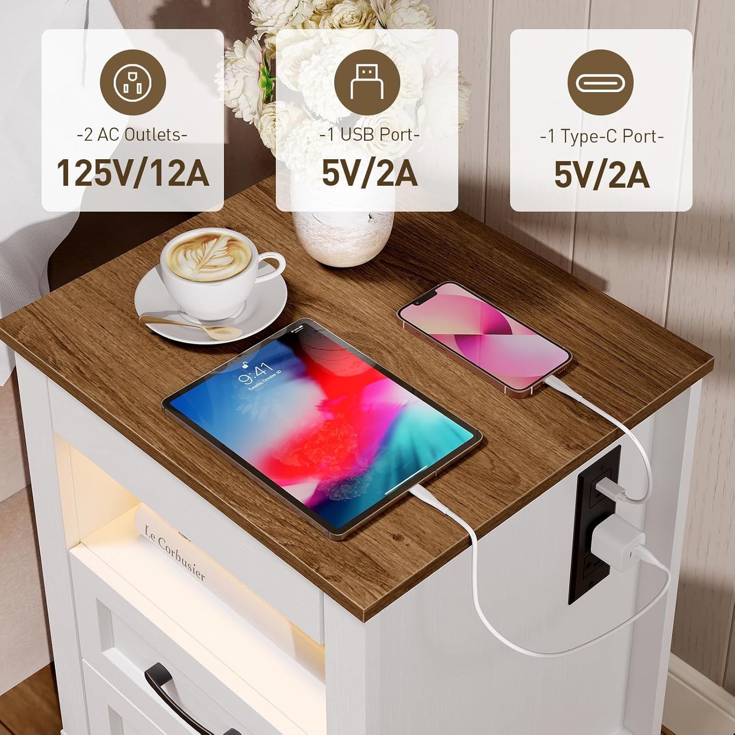 Farmhouse Nightstand with Hidden Gun Drawer, Bedside Table with Charging Station and LED Light, Night Stand with 3 Drawers, End Table for Bedroom, Living Room, White and Walnut