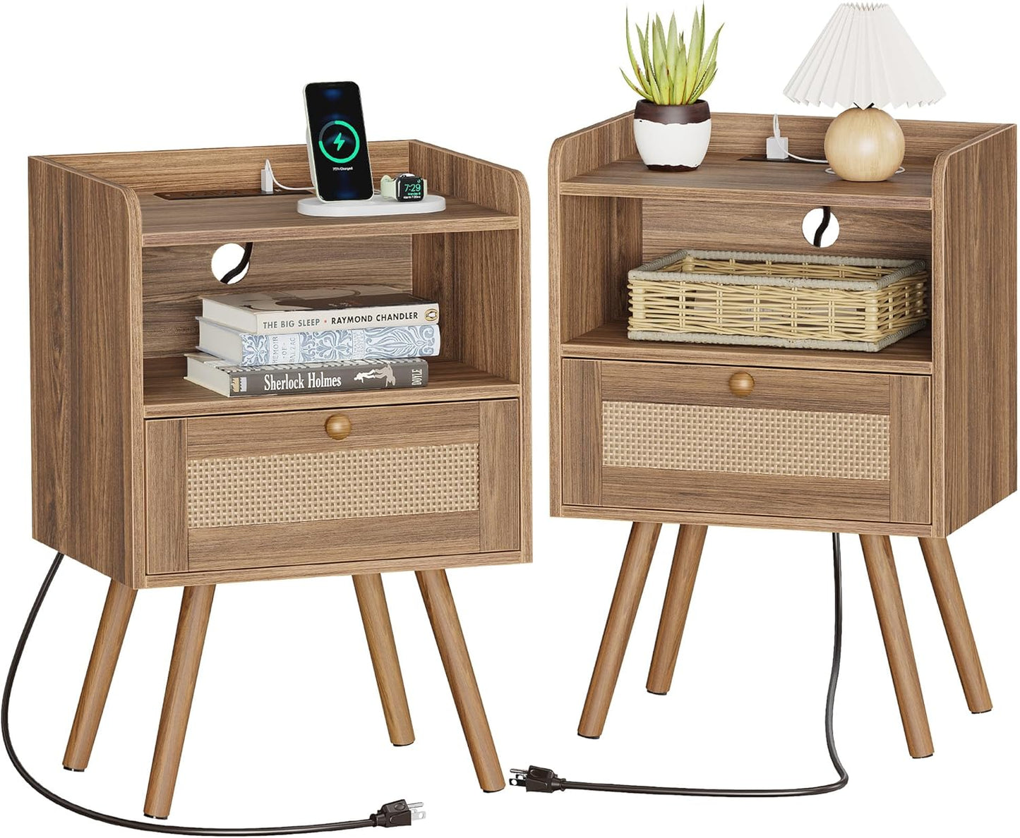 SUPERJARE Nightstands Set of 2, Night Stands with Charging Station & PE Rattan Decor Drawer, Bed Side Tables with Solid Wood Feet, End Table, for Bedroom, Living Room - Natural