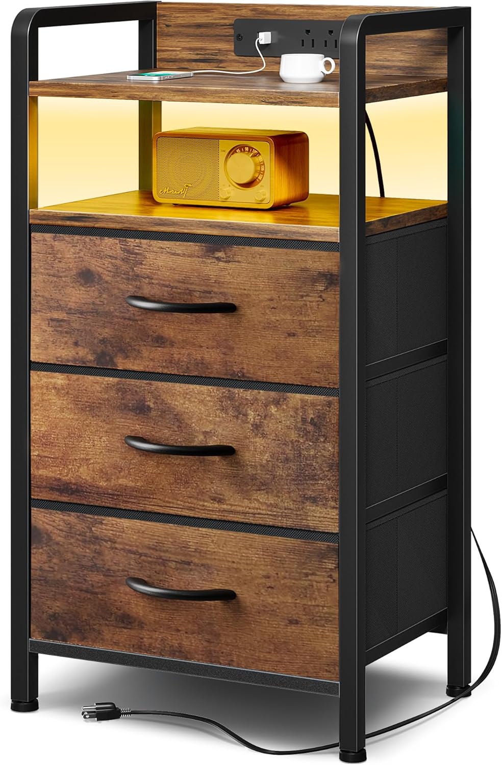 Night Stand Bedside Charger Bedroom - Nightstand with Charging Station & LED Light Strip, Night Stand with Storage Shelf & 2 Fabric Drawers, Morden End Table with U-S-B Ports & AC Outlets