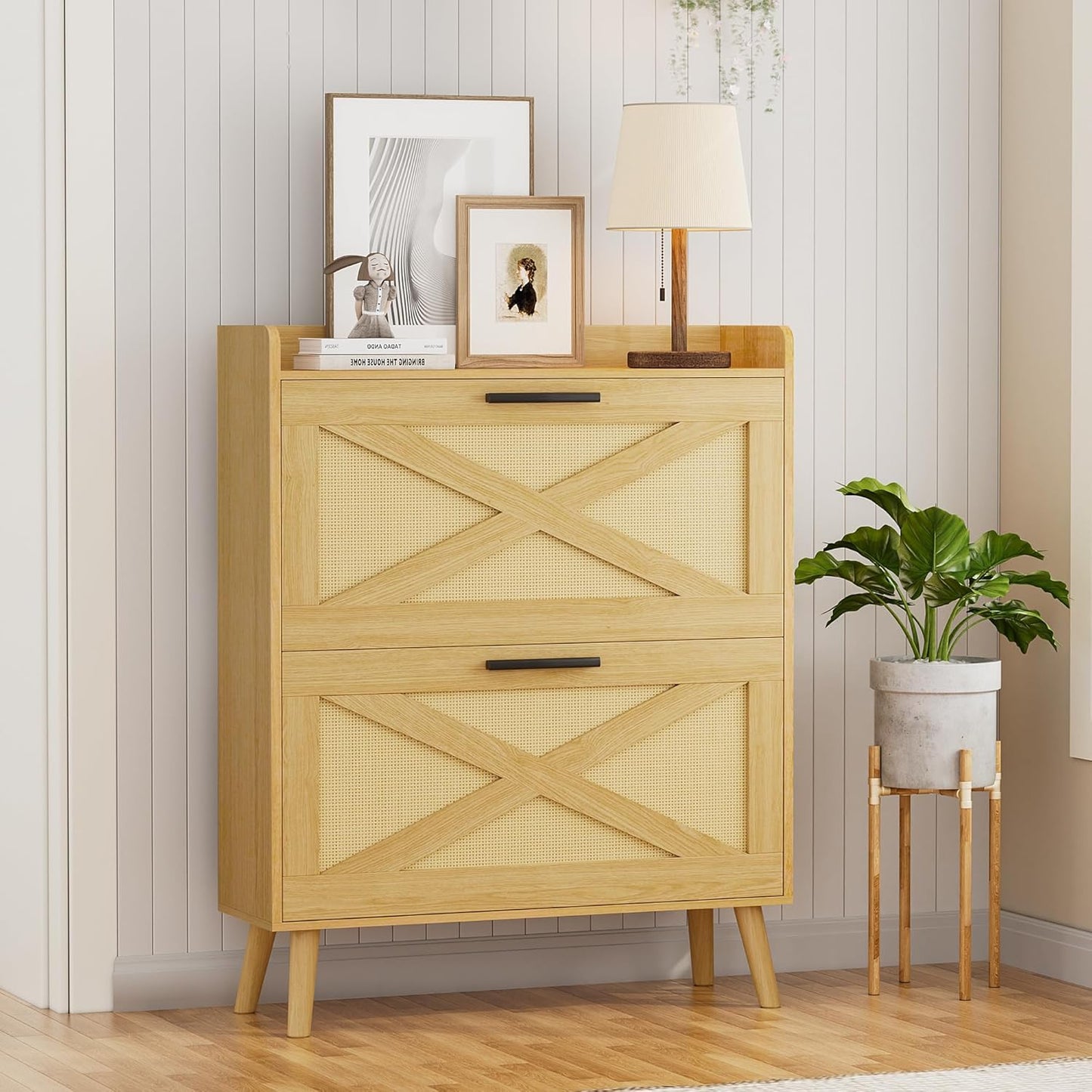 32" W Farmhouse Shoe Storage Cabinet with 2 Flip Drawers and Barn Door Design, Adjustable Shelves, Modern Hidden Slim Narrow Shoe Rack Cabinet for Entryway, Foyer, Hallway, Living Room, White
