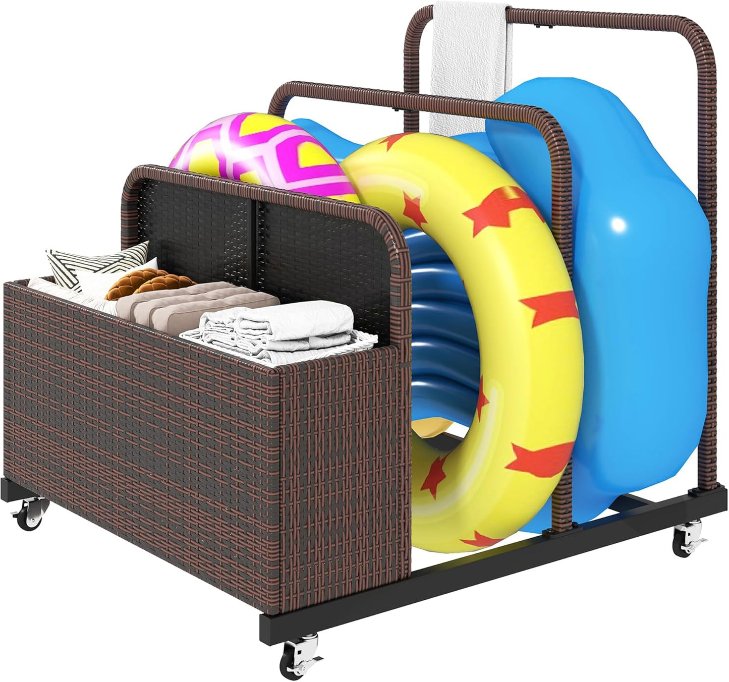 DWVO Pool Float Storage, Pool Storage Bin with PE Rattan,Pool Storage for cushions, Floaties, Noodles, Life Vests, Beach Balls, Patio Furniture (Black)
