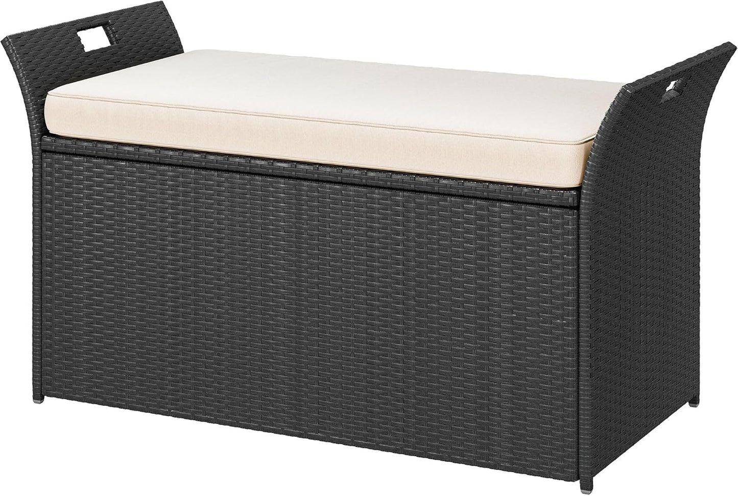 DWVO 90 Gallon Outdoor Storage Bench,Rattan Deck Box with Cushion, Outside Bench for Patio Storage,Yard,Pool,Garden,Black&Grey