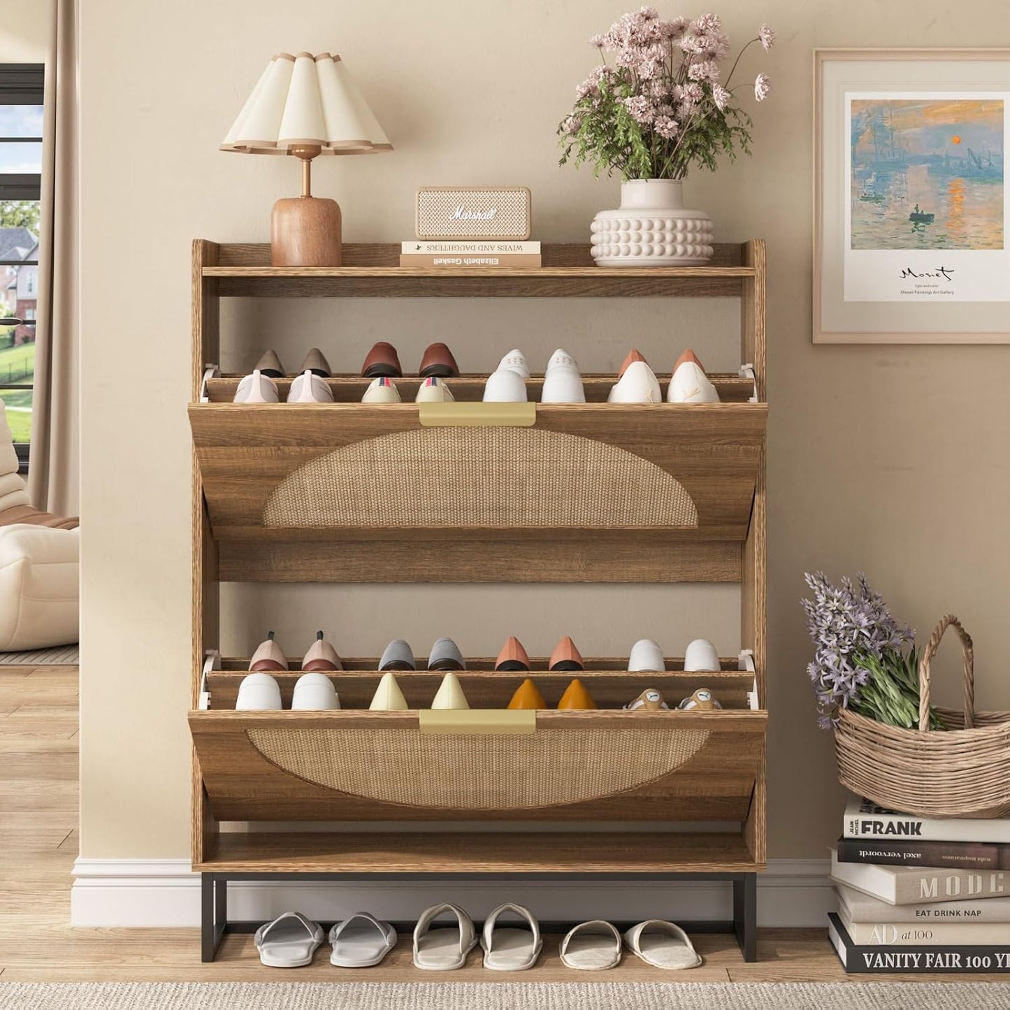 Maupvit Rattan Shoe Storage Cabinet with 2 Flip Drawers, Freestanding Shoe Organizer with Metal Legs for Entryway, Hidden Golden Handles, Narrow Shoe Rack Cabinet, Rustic Oak Rattan