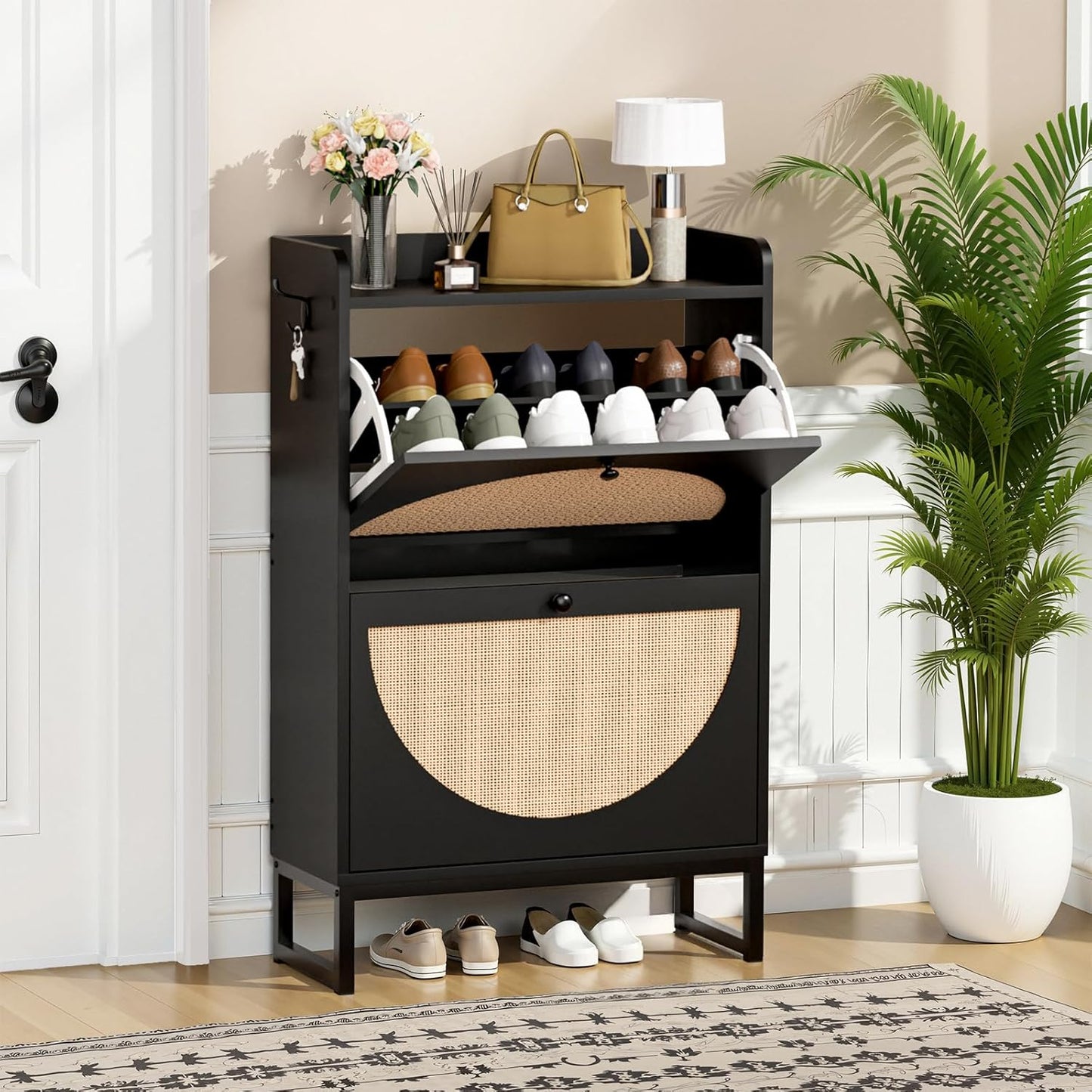 LUCKLIFE Shoe Storage Cabinet, Slim Rattan Shoe Cabinet Storage with Flip Drawers, Hidden Narrow Shoe Cabinet for Entryway Hallway（Black）