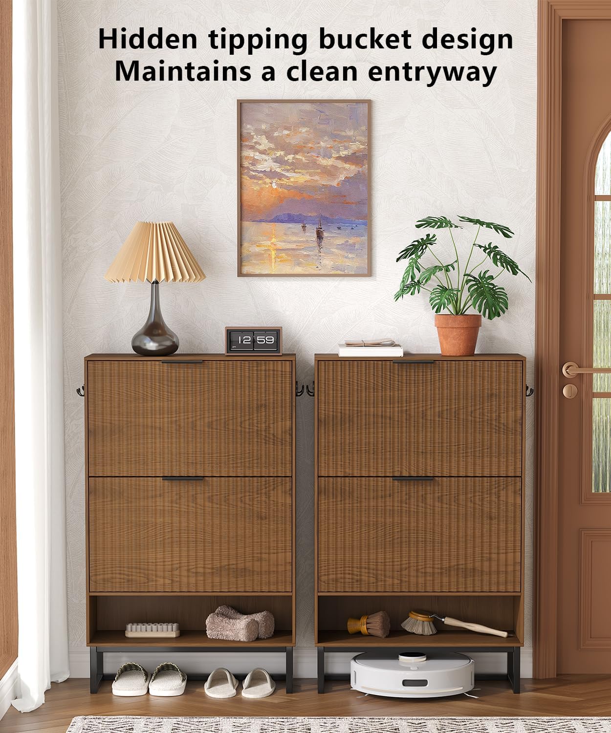 Fluted Shoe Storage Cabinet, Narrow Hidden Shoe Rack Cabinet with Metal Legs, Narrow Shoe Organizer, 2 Flip Drawers, for Entryway, Hallway, Living Room, Walnut