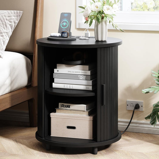 Round End Table with Charging Station, Mid Century Bedside Table with Sliding Door & 2 Tier Storage, Modern Nightstand for Living Room, Bedroom, Entryway, Black(1-Pack)