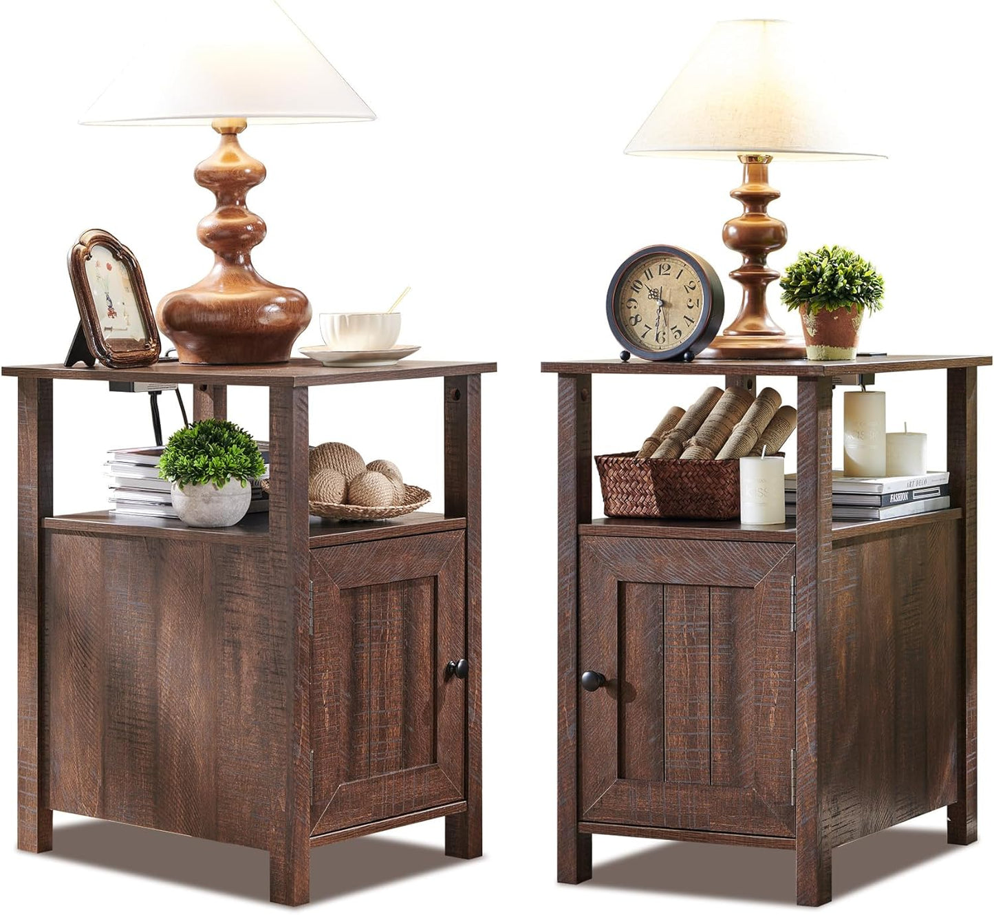 Farmhouse Nightstands Set of 2, Narrow Bedside Table with Charging Station, Night Stand Set 2 with Storage & Open Shelf, End Tables w/Groove Barn Door for Bedroom, Living Room, Natural