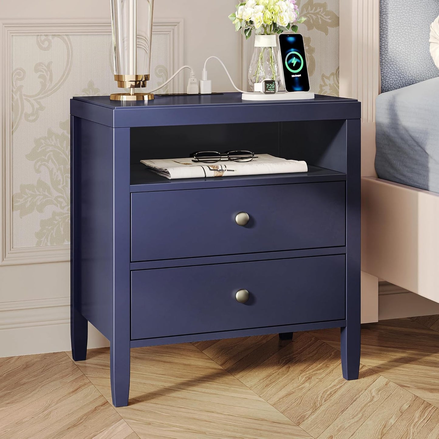 Huuger Black Nightstand Set of 2, Night Stand with Charger Station, Bedside Table with 2 Drawers, Bed Side Tables for Bedroom, Modern Nightstands, Metal Knobs, Painted Surface
