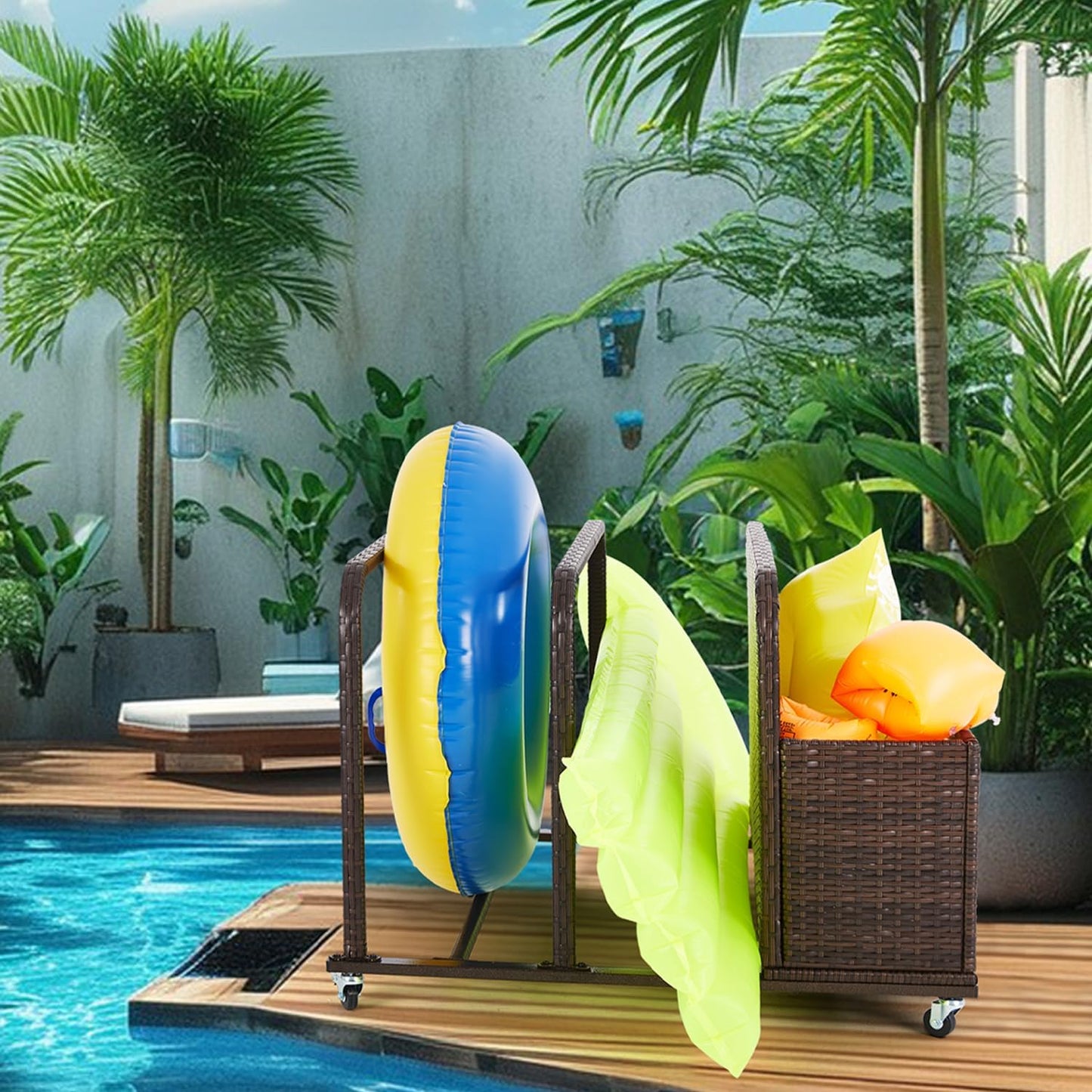 Poolside Float Storage Organizer, Outdoor Wicker Rattan Pool Float Holder Storage Rack for Basket Box Patio Pool Storage Caddy with Rolling Wheels for Pool Toy Noodles Equipment Accessroies Espresso