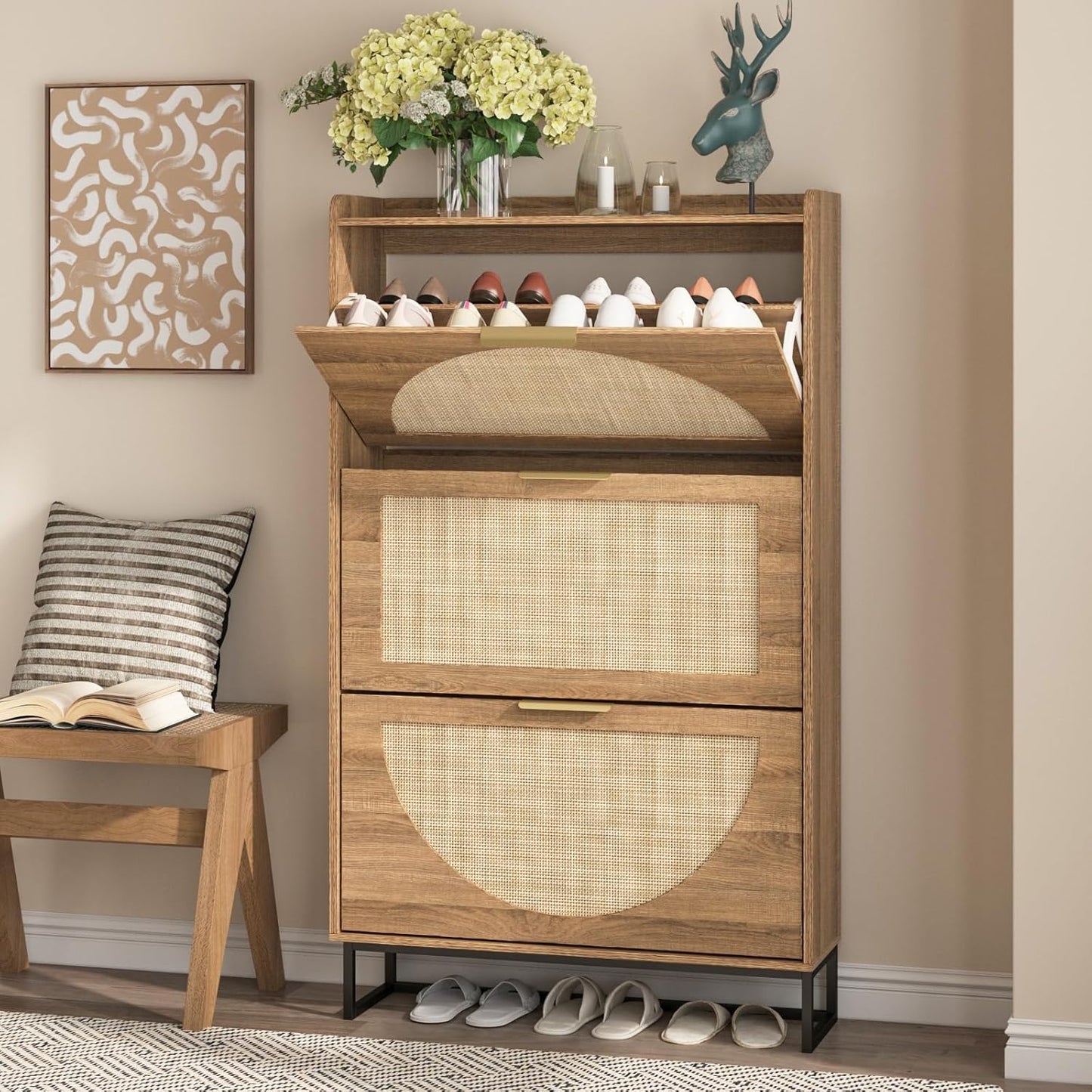 Maupvit Rattan Shoe Storage Cabinet with 2 Flip Drawers, Freestanding Shoe Organizer with Metal Legs for Entryway, Hidden Golden Handles, Narrow Shoe Rack Cabinet, Rustic Oak Rattan