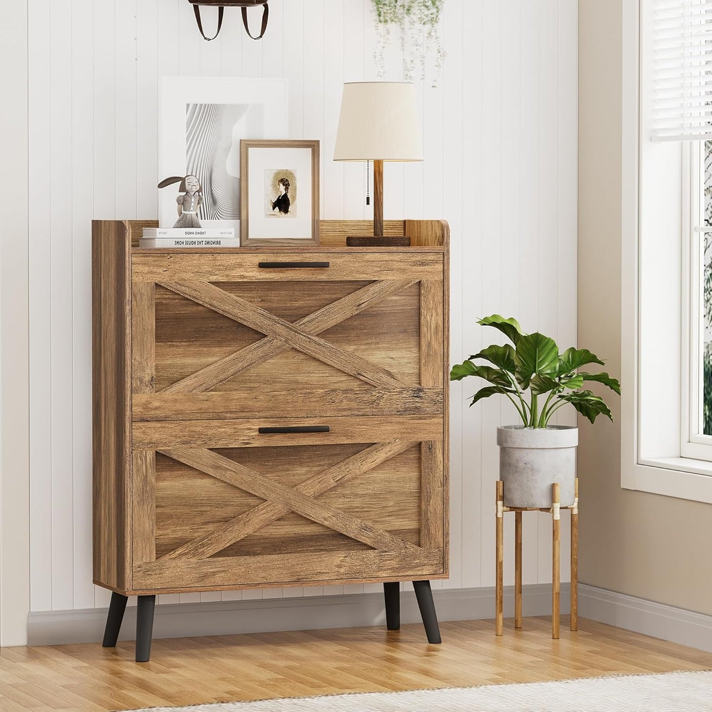 32" W Farmhouse Shoe Storage Cabinet with 2 Flip Drawers and Barn Door Design, Adjustable Shelves, Modern Hidden Slim Narrow Shoe Rack Cabinet for Entryway, Foyer, Hallway, Living Room, White