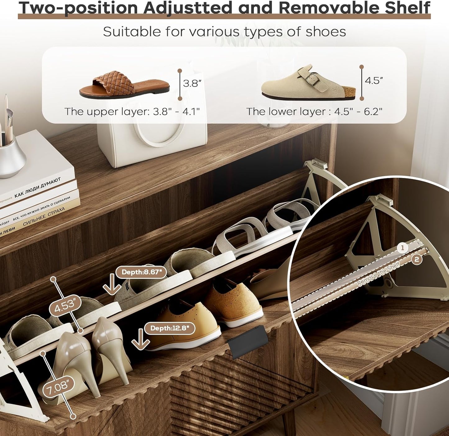 Shoe Cabinet with 2 Flip Drawers, 31.5" Walnut Narrow Hidden Shoe Storage Cabinet, Freestanding Shoe Rack Organizer with Wooden Legs, Farmhouse Slim Shoe Storage for Entryway, Foyer, Hallway