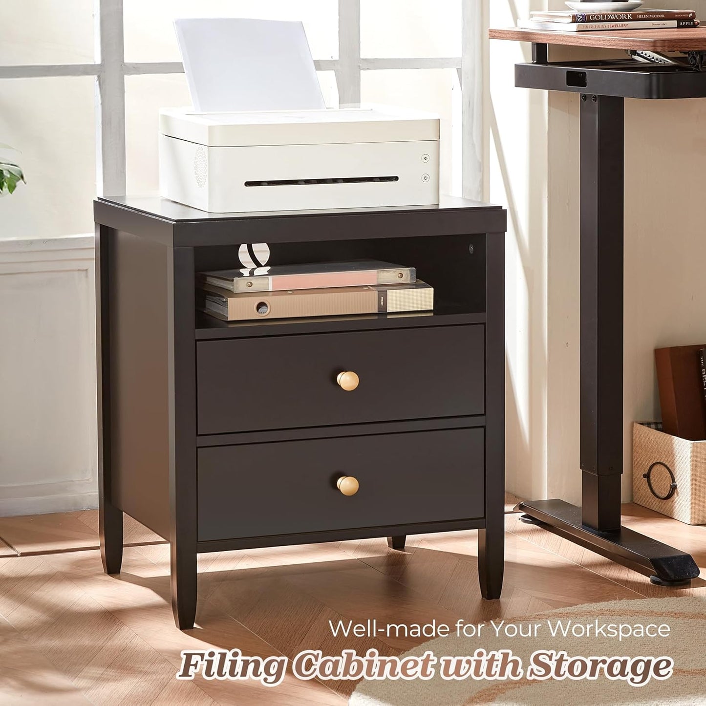 Huuger Black Nightstand Set of 2, Night Stand with Charger Station, Bedside Table with 2 Drawers, Bed Side Tables for Bedroom, Modern Nightstands, Metal Knobs, Painted Surface