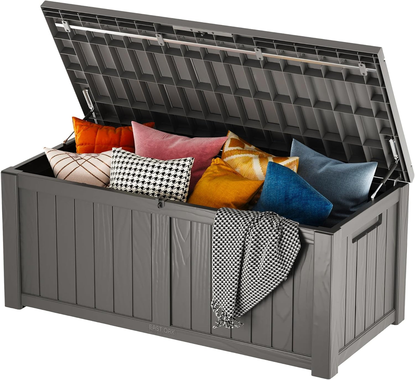 EAST OAK Outdoor Storage Box, 100 Gallon Deck Box, Waterproof Resin Storage Bench for Patio Cushions, Gardening Tools, Pool Accessories, Lockable, UV Resistant, Grey