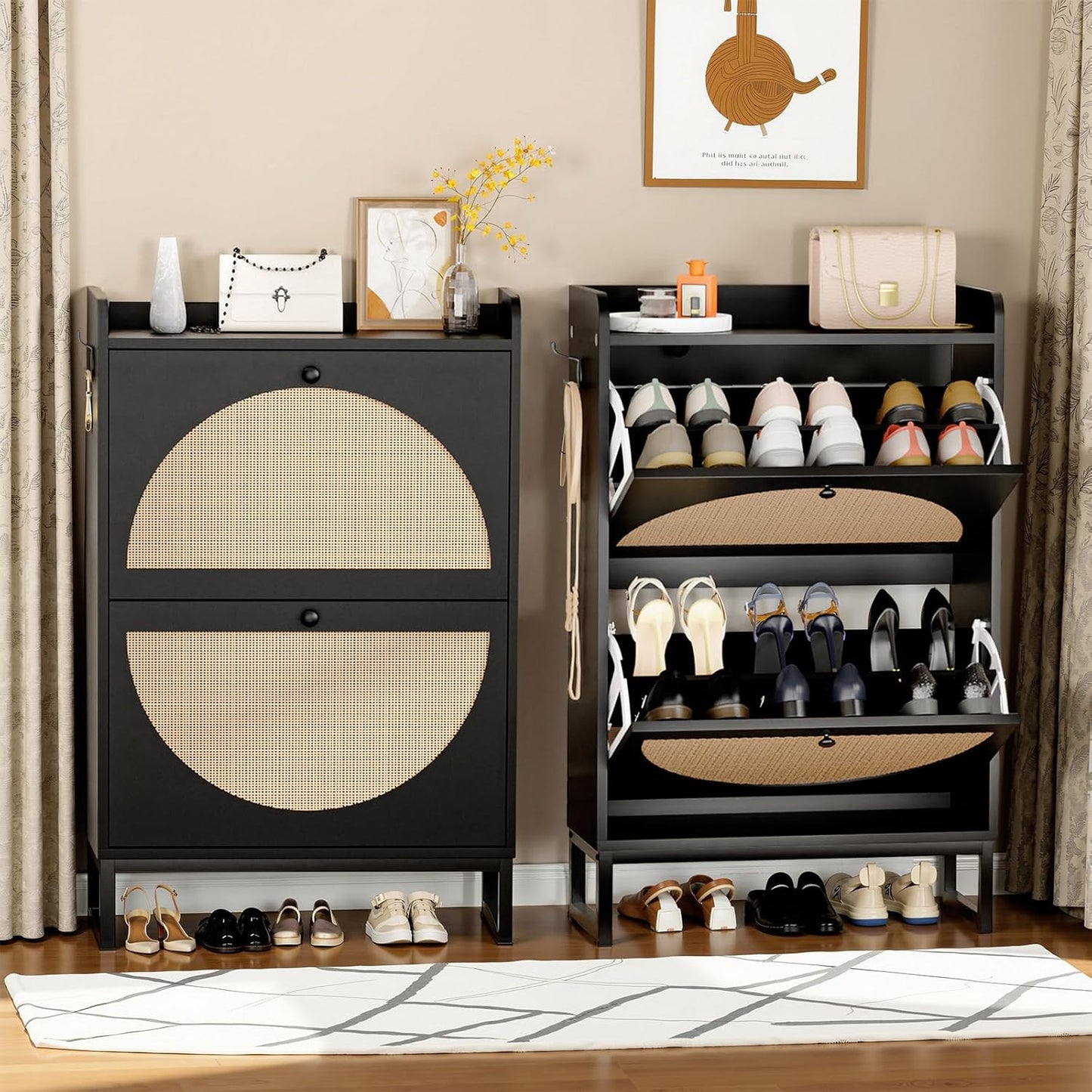 LUCKLIFE Shoe Storage Cabinet, Slim Rattan Shoe Cabinet Storage with Flip Drawers, Hidden Narrow Shoe Cabinet for Entryway Hallway（Black）