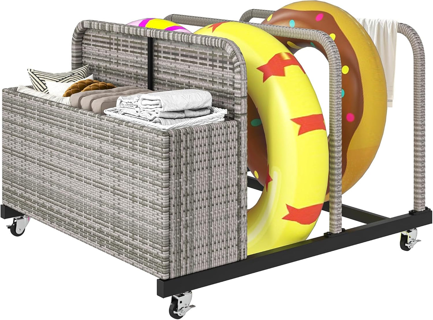 DWVO Pool Float Storage, Pool Storage Bin with PE Rattan,Pool Storage for cushions, Floaties, Noodles, Life Vests, Beach Balls, Patio Furniture (Black)