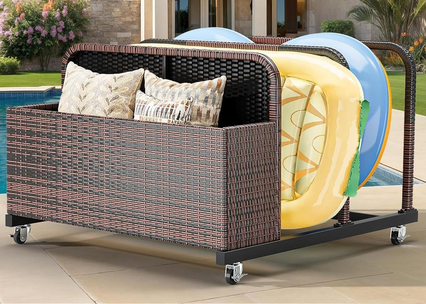 GOOBED Pool Storage, Wicker Pool Float Holder with Lockable wheels,Pool Organizer for cushions, Floaties, Noodles, Life Vests, Beach Balls, Patio Furniture (Black)