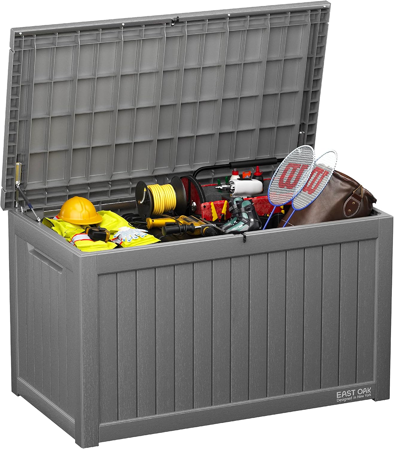 EAST OAK Outdoor Storage Box, 100 Gallon Deck Box, Waterproof Resin Storage Bench for Patio Cushions, Gardening Tools, Pool Accessories, Lockable, UV Resistant, Grey