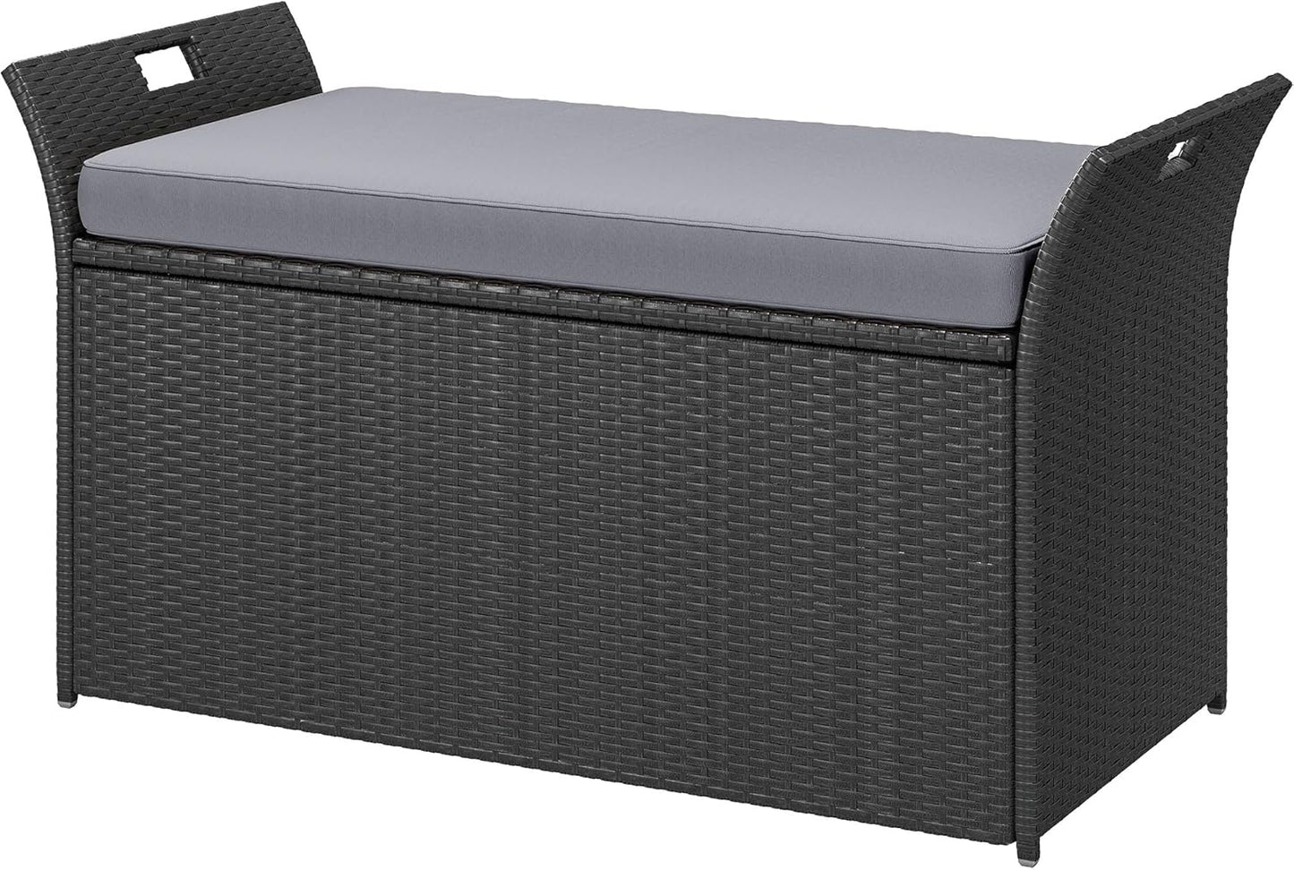 DWVO 90 Gallon Outdoor Storage Bench,Rattan Deck Box with Cushion, Outside Bench for Patio Storage,Yard,Pool,Garden,Black&Grey